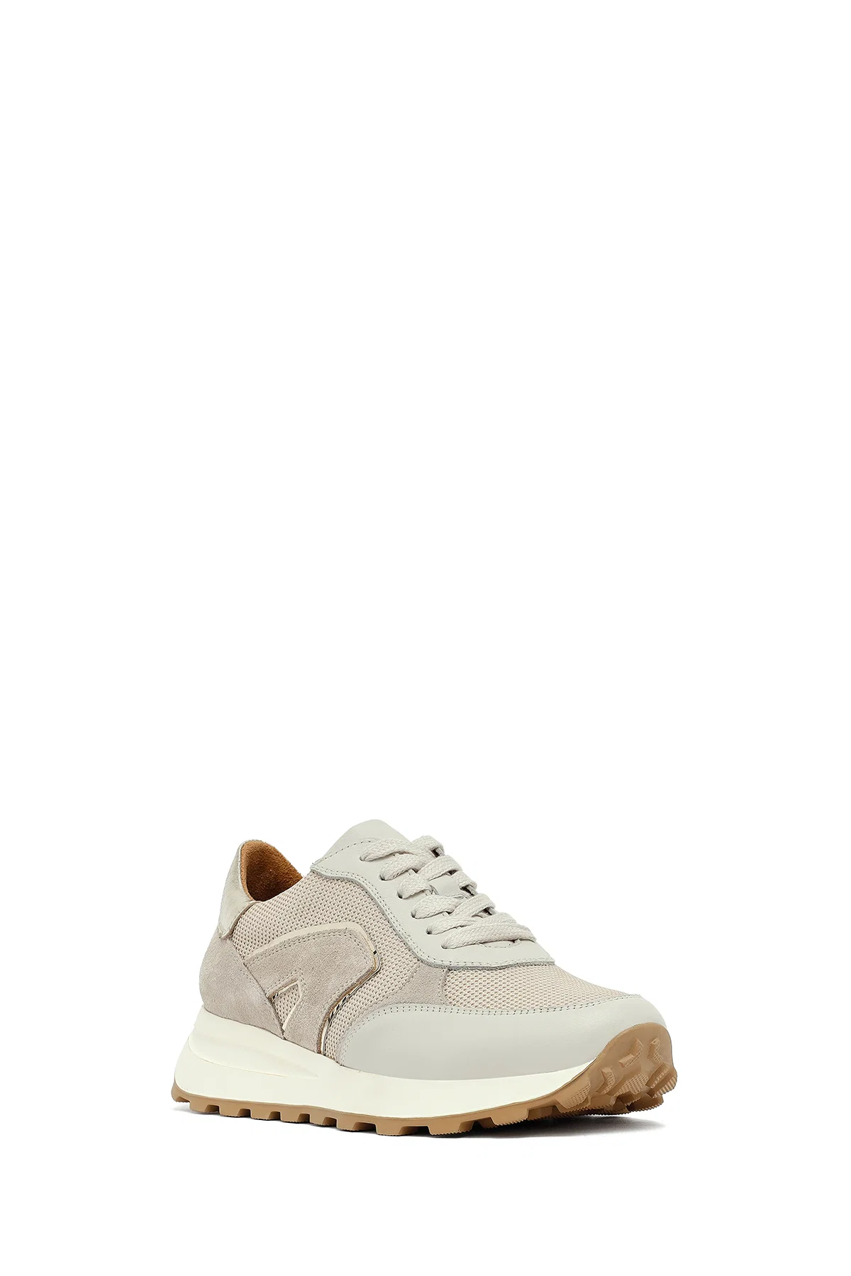 Kadın Bej Bağcıklı Kalın Tabanlı Deri Sneaker - Image 6