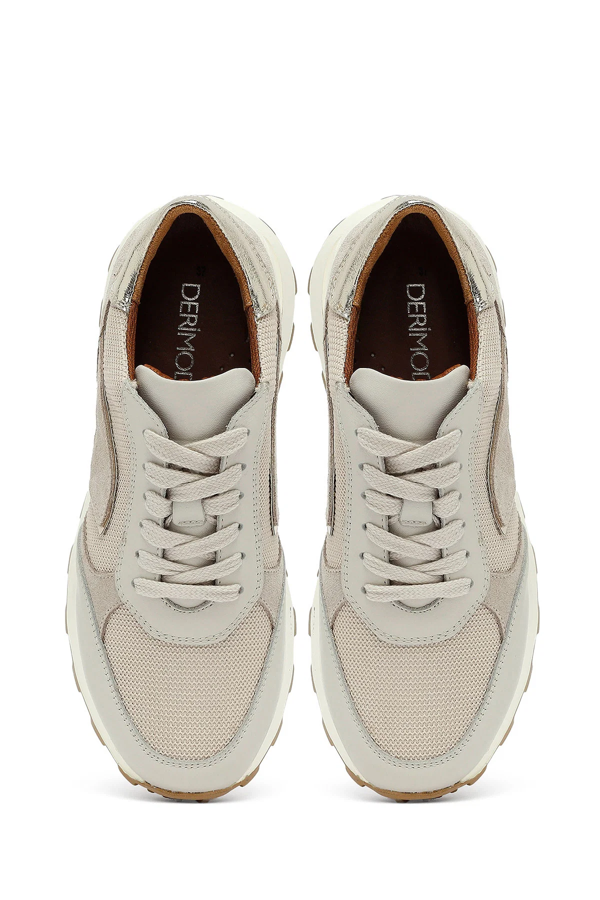 Kadın Bej Bağcıklı Kalın Tabanlı Deri Sneaker - Image 7