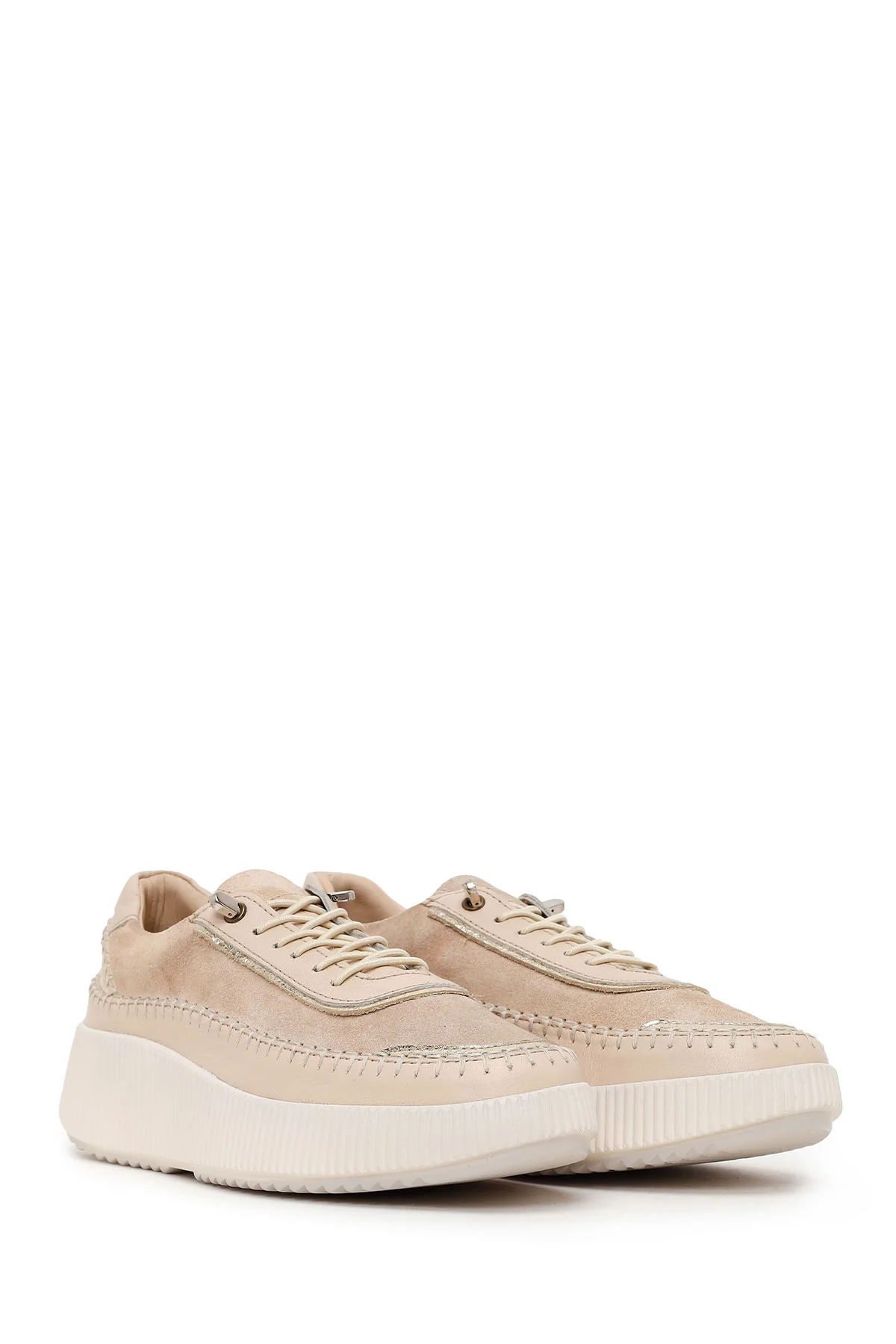 Kadın Bej Bağcıklı Kalın Tabanlı Deri Sneaker - Image 2