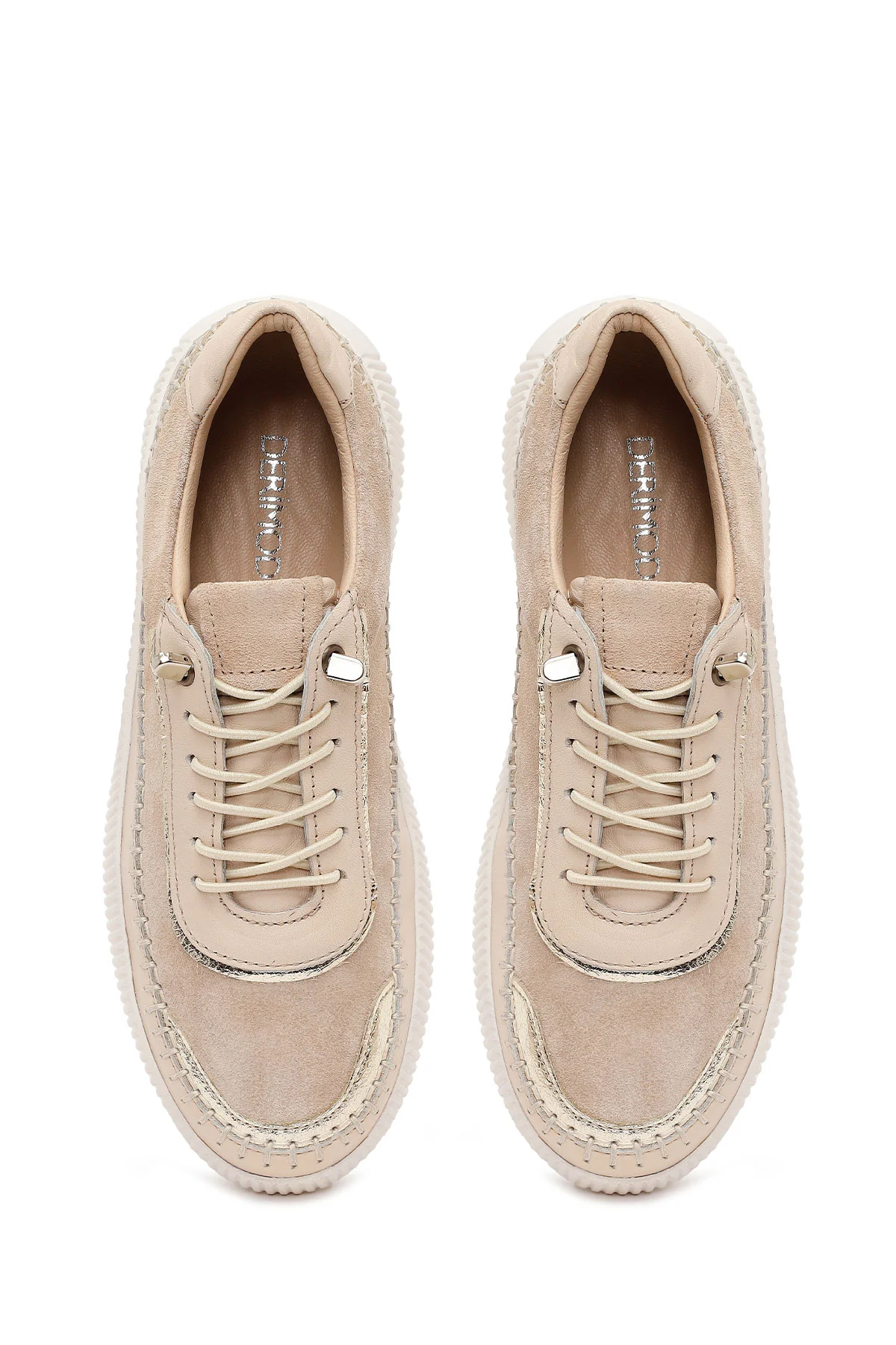 Kadın Bej Bağcıklı Kalın Tabanlı Deri Sneaker - Image 4