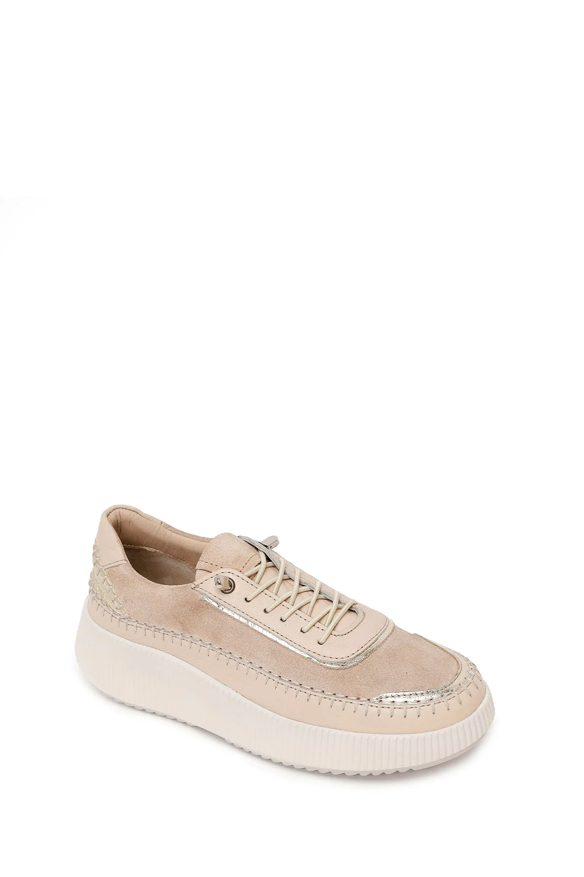 Kadın Bej Bağcıklı Kalın Tabanlı Deri Sneaker - Image 7