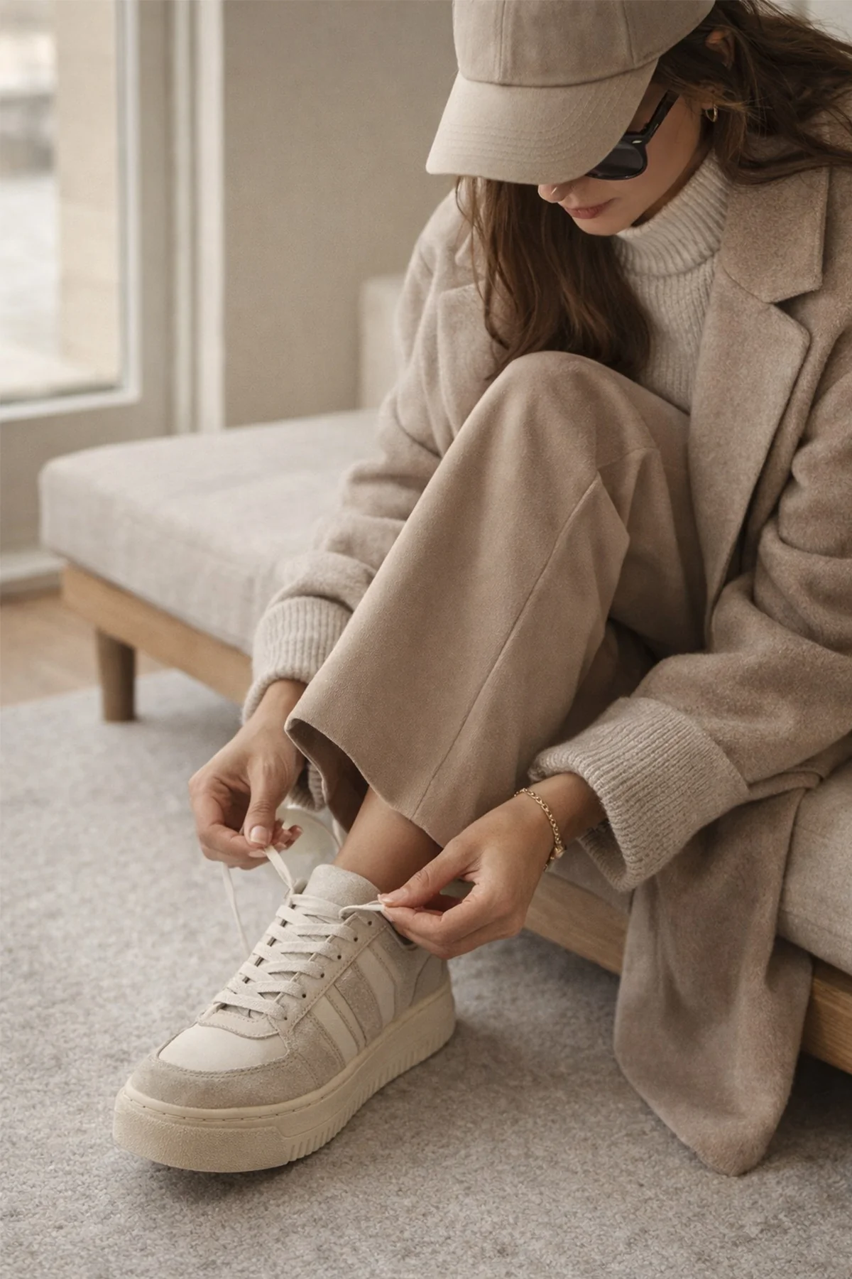 Kadın Bej Bağcıklı Kalın Tabanlı Desenli Deri Sneaker - Image 2