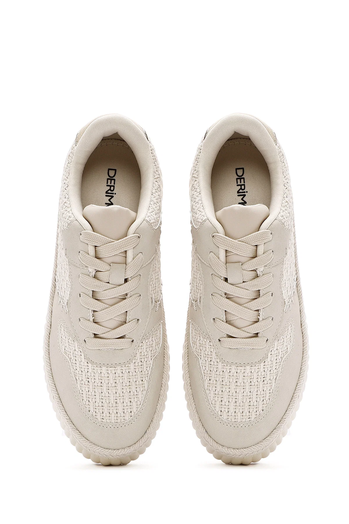 Kadın Bej Bağcıklı Kalın Tabanlı Örgülü Sneaker - Image 7