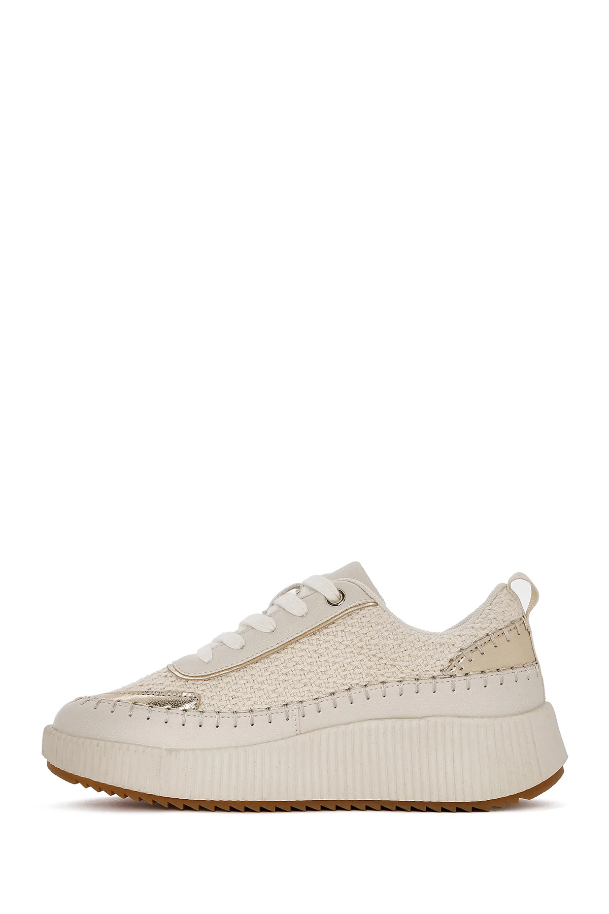 Kadın Bej Bağcıklı Kalın Tabanlı Örgülü Sneaker - Image 3