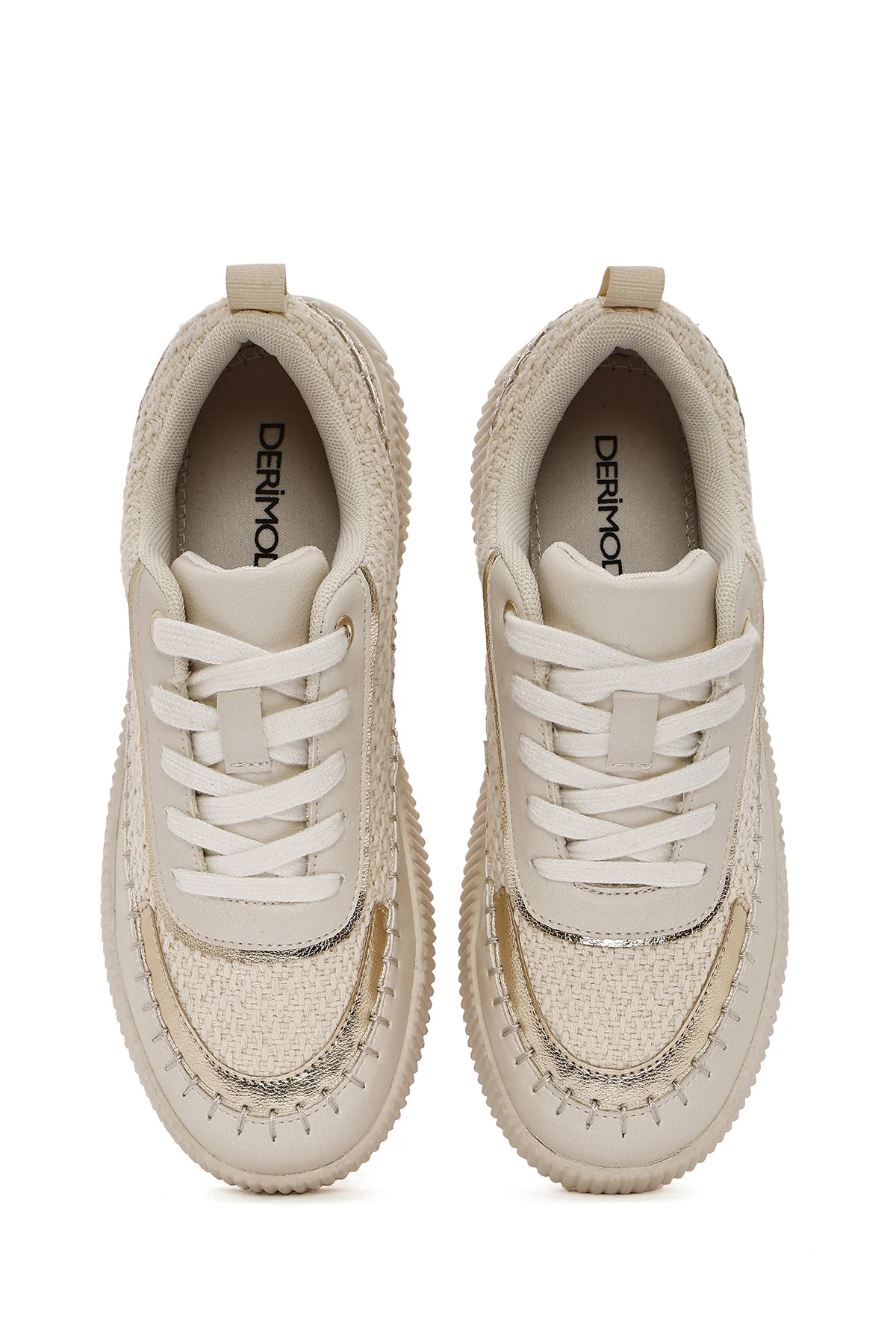 Kadın Bej Bağcıklı Kalın Tabanlı Örgülü Sneaker - Image 4