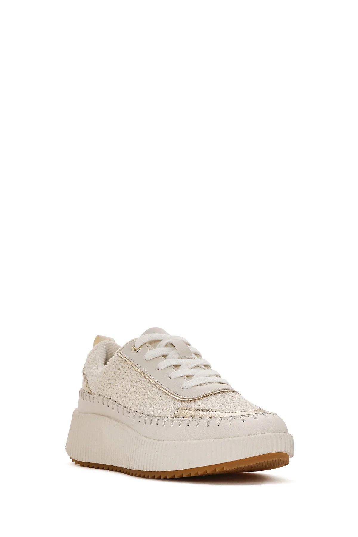 Kadın Bej Bağcıklı Kalın Tabanlı Örgülü Sneaker - Image 7