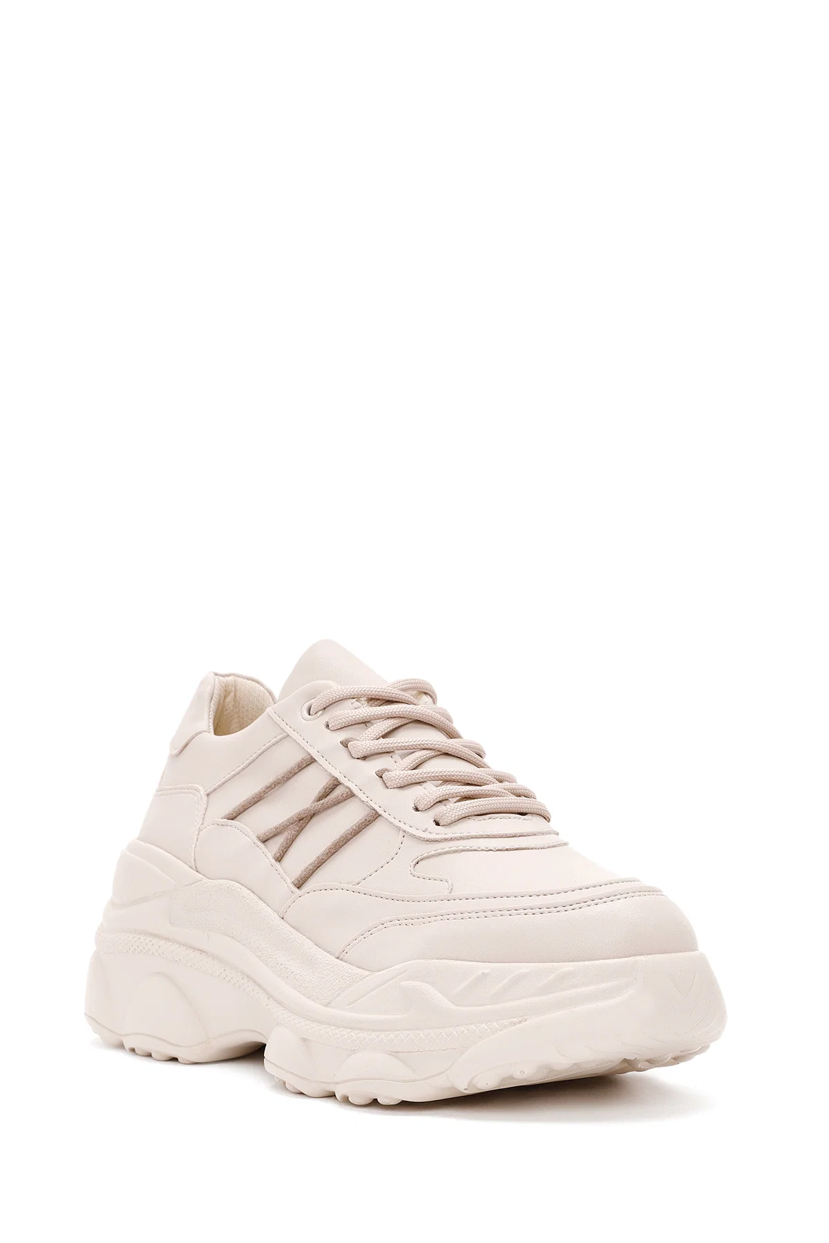 Kadın Bej Bağcıklı Kalın Tabanlı Sneaker - Image 6