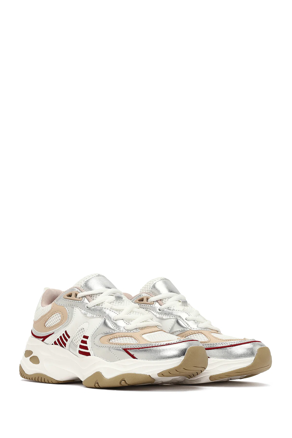Kadın Bej Bağcıklı Kalın Tabanlı Sneaker - Image 3