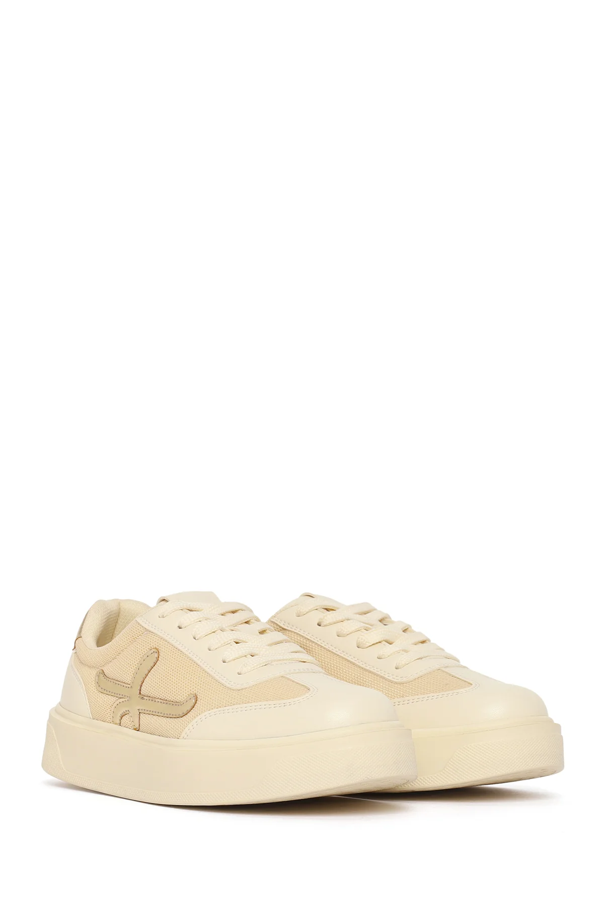 Kadın Bej Bağcıklı Kalın Tabanlı Sneaker - Image 2