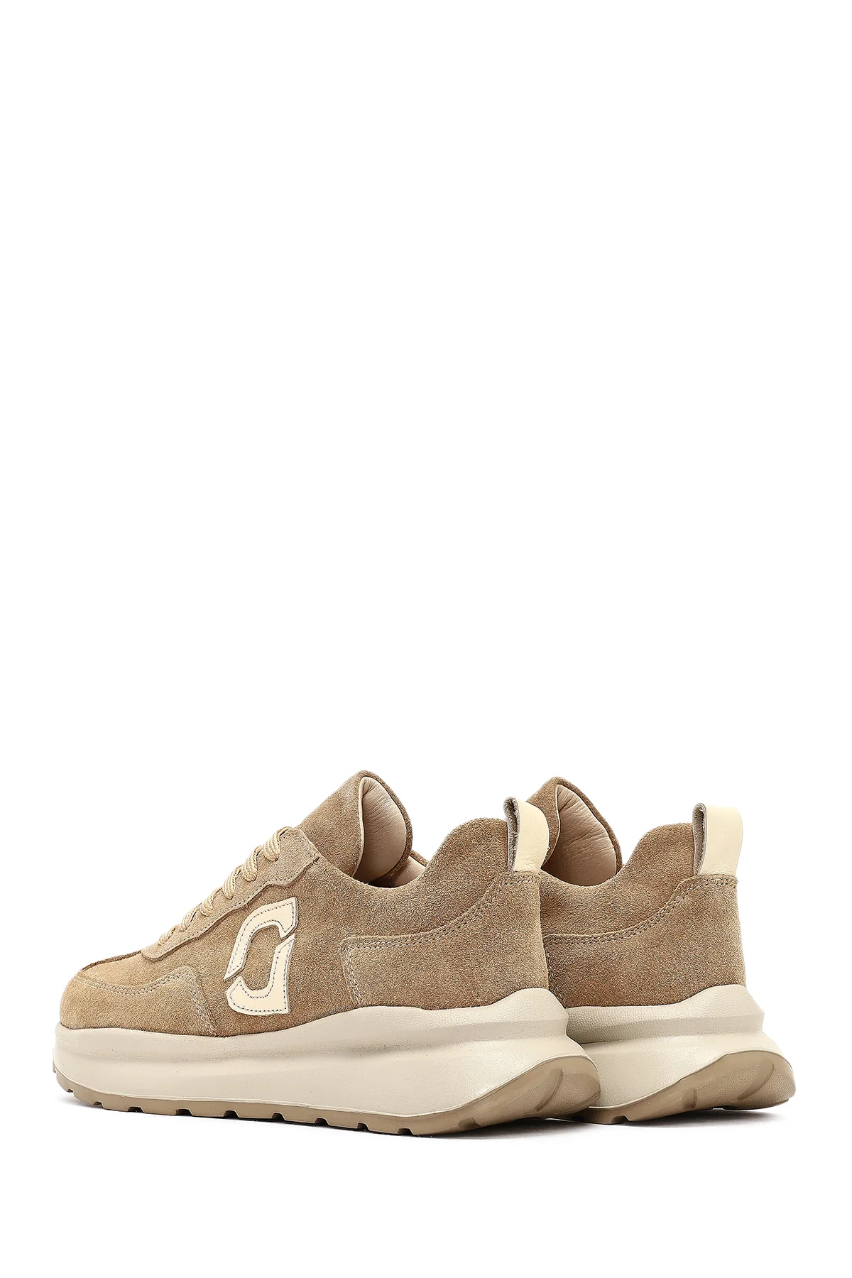 Kadın Bej Bağcıklı Kalın Tabanlı Süet Deri Sneaker - Image 5