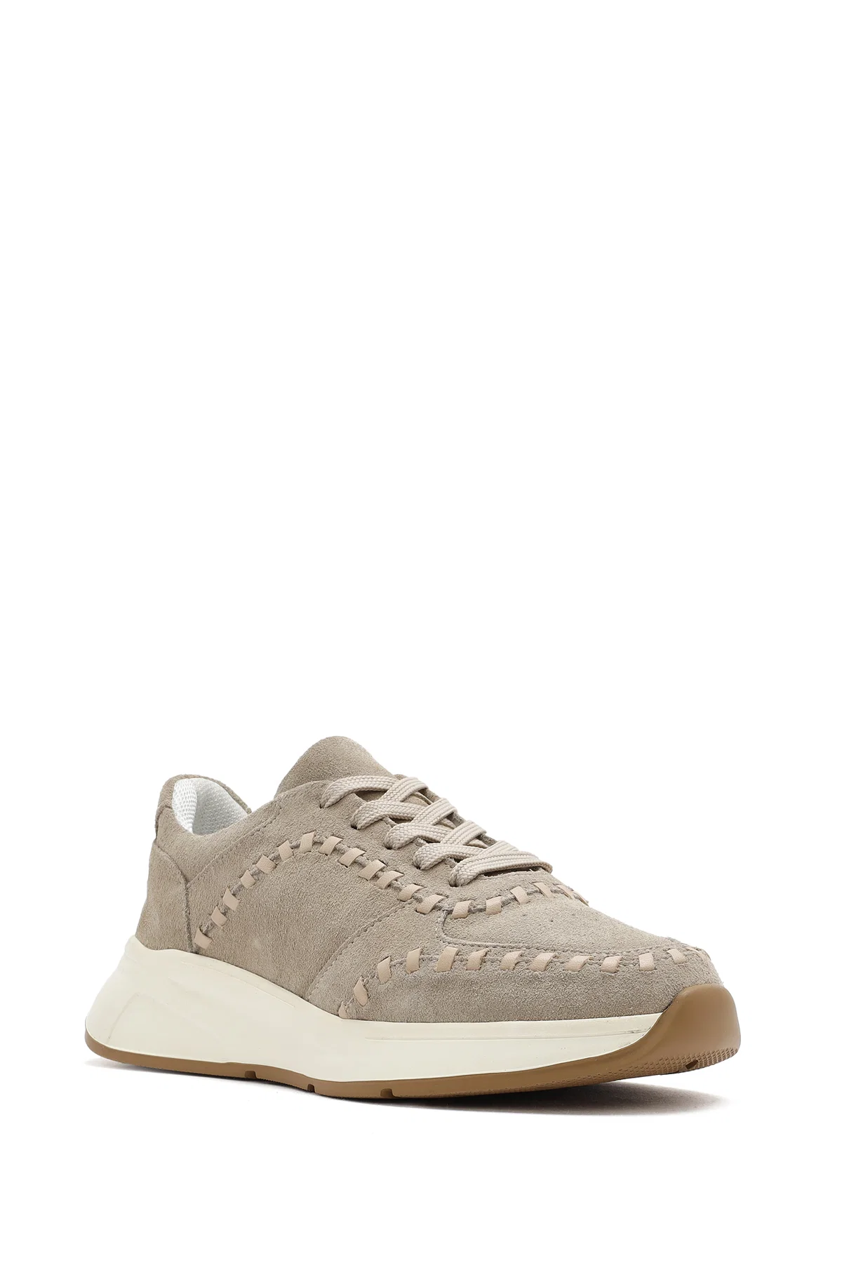 Kadın Bej Bağcıklı Kalın Tabanlı Süet Deri Sneaker - Image 6