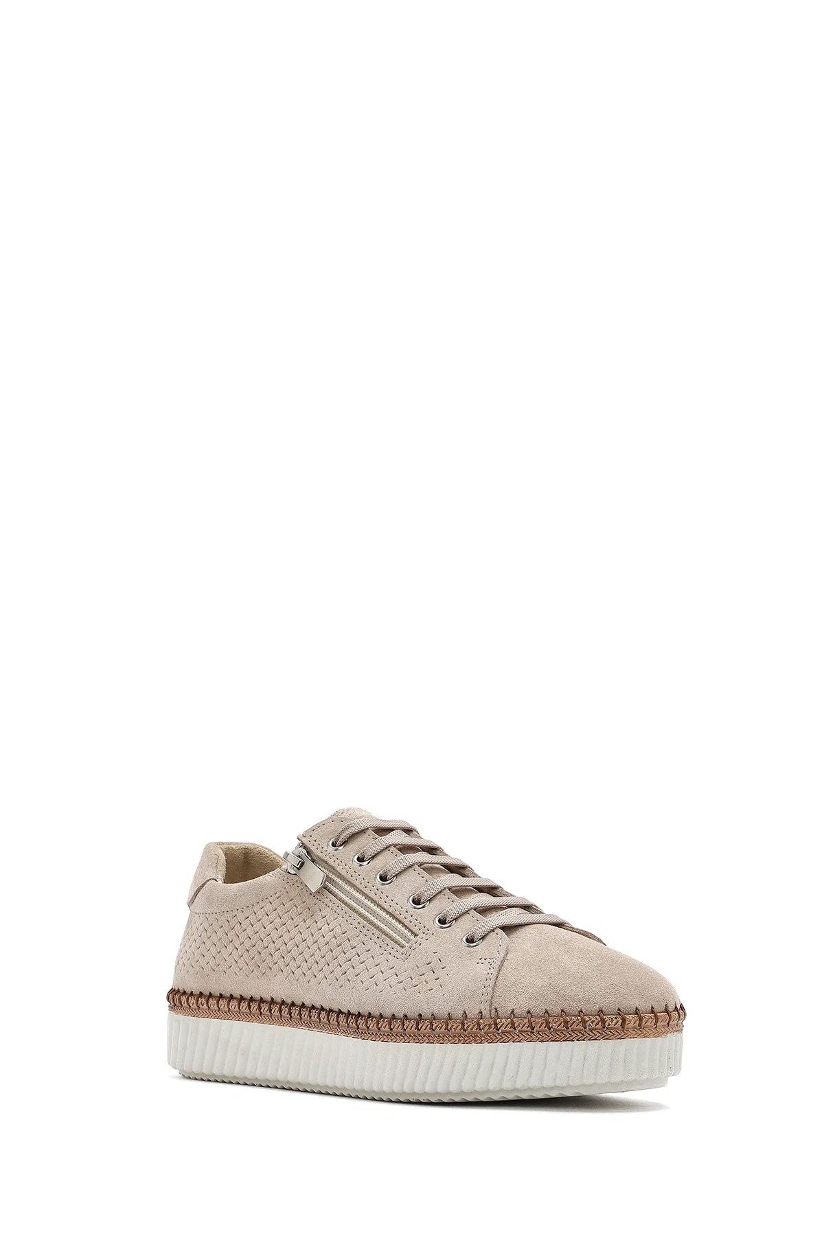 Kadın Bej Bağcıklı Kalın Tabanlı Süet Deri Sneaker - Image 6