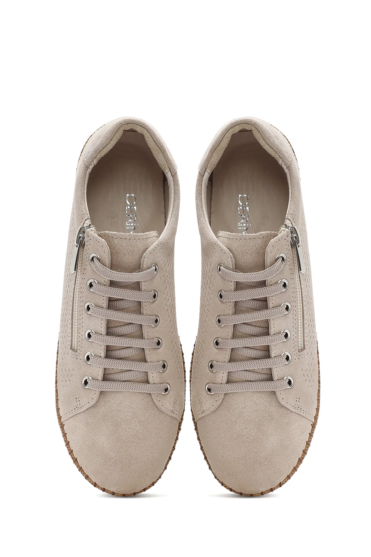 Kadın Bej Bağcıklı Kalın Tabanlı Süet Deri Sneaker - Image 7