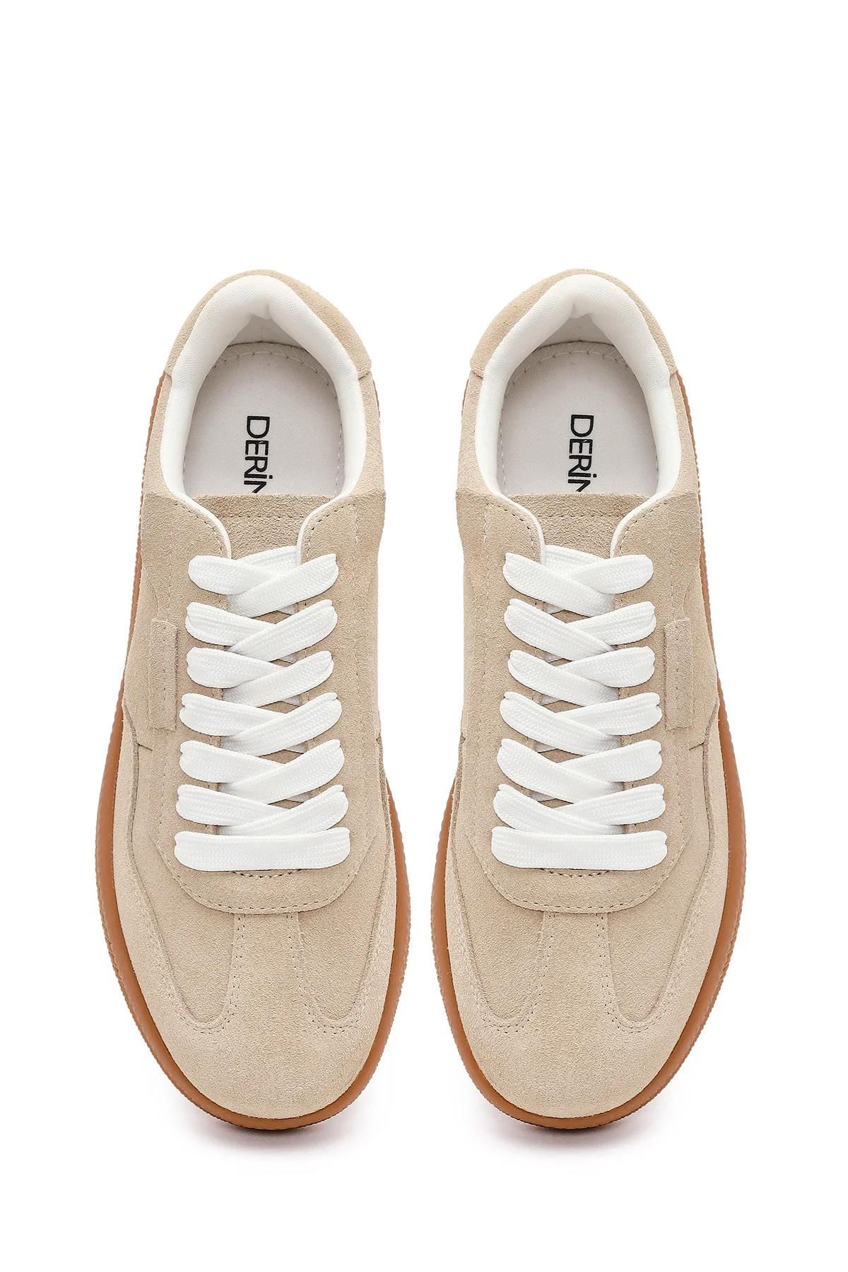 Kadın Bej Bağcıklı Kalın Tabanlı Süet Deri Sneaker - Image 4