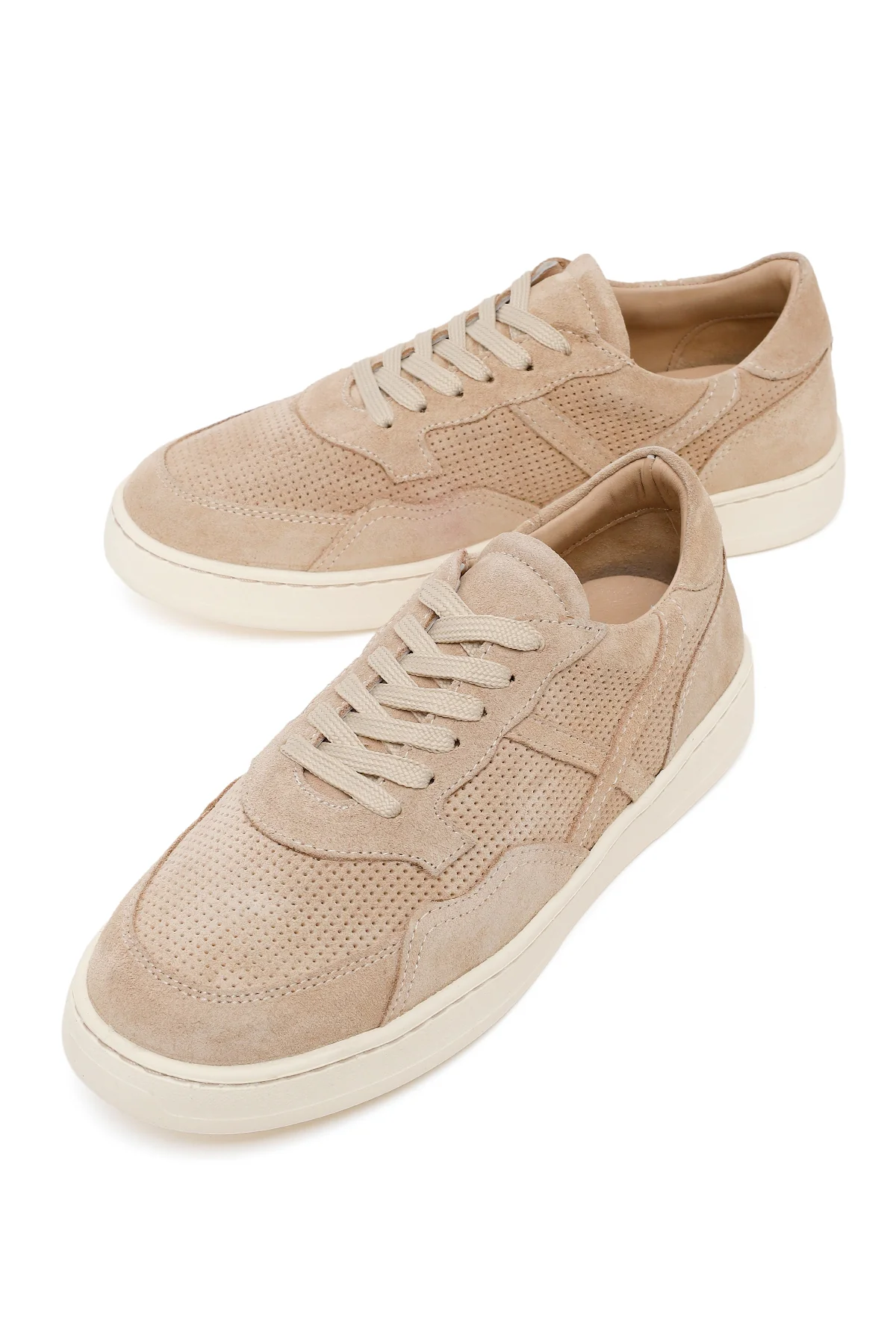 Kadın Bej Bağcıklı Kalın Tabanlı Süet Deri Sneaker - Image 10