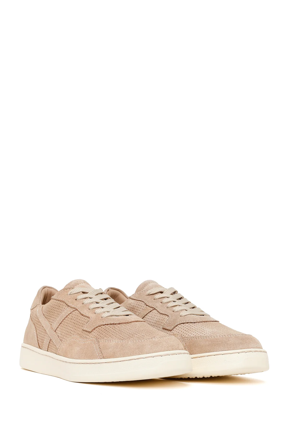 Kadın Bej Bağcıklı Kalın Tabanlı Süet Deri Sneaker - Image 2