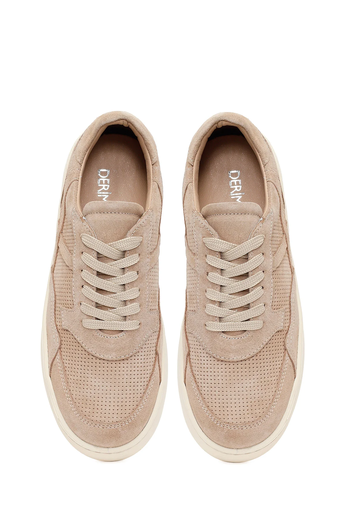 Kadın Bej Bağcıklı Kalın Tabanlı Süet Deri Sneaker - Image 4