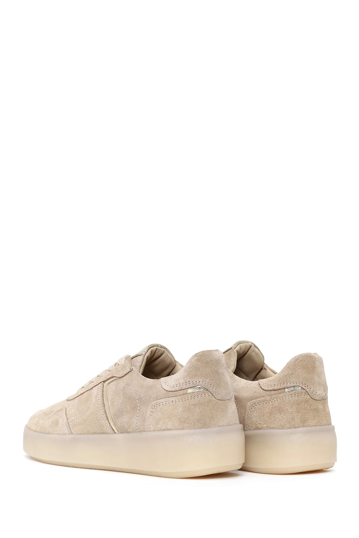 Kadın Bej Bağcıklı Kalın Tabanlı Süet Deri Sneaker - Image 6