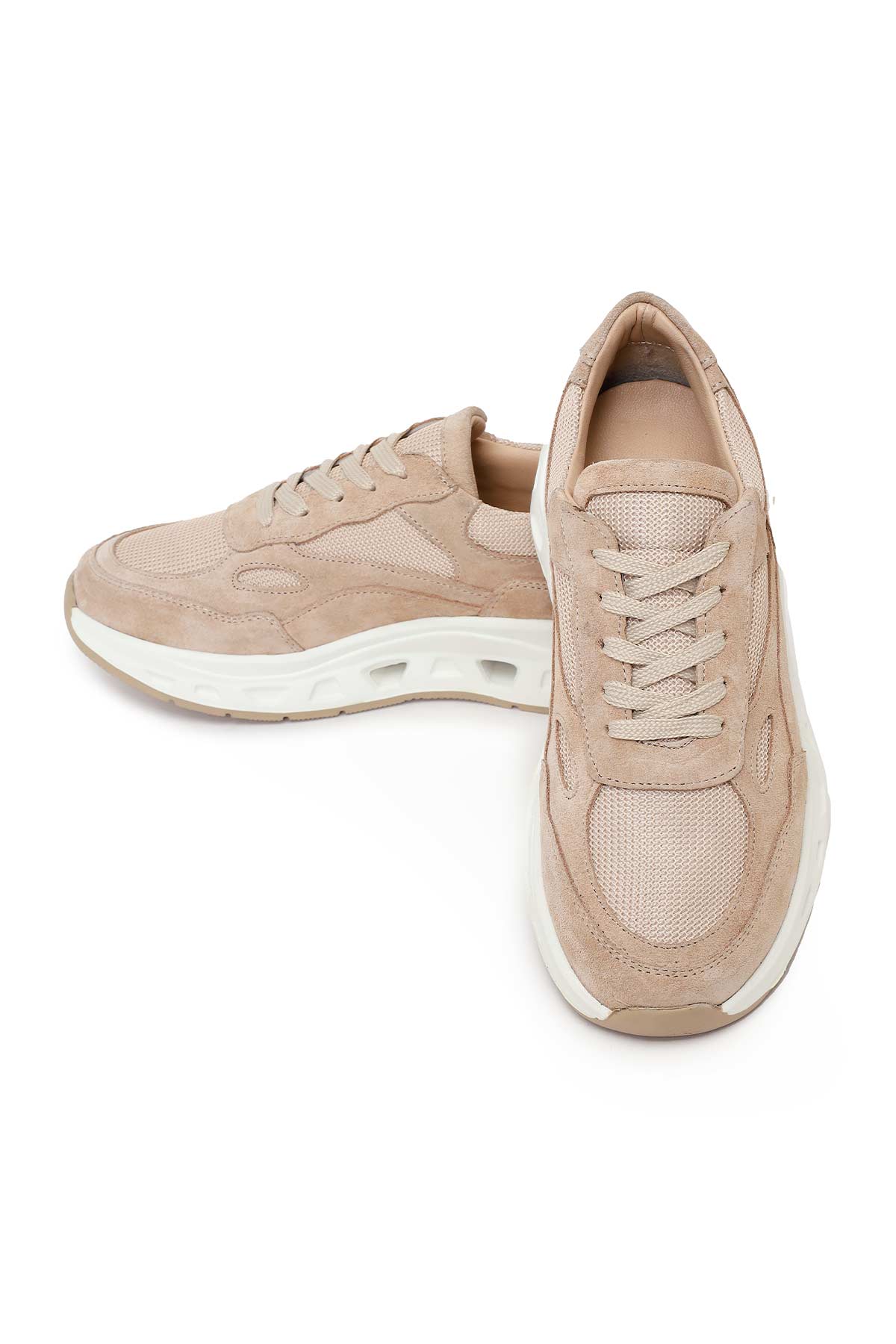 Kadın Bej Bağcıklı Kalın Tabanlı Süet Deri Sneaker - Image 10