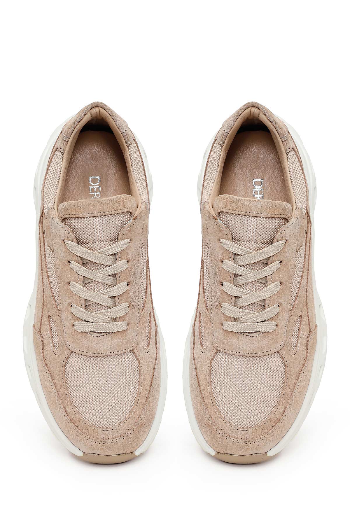 Kadın Bej Bağcıklı Kalın Tabanlı Süet Deri Sneaker - Image 4