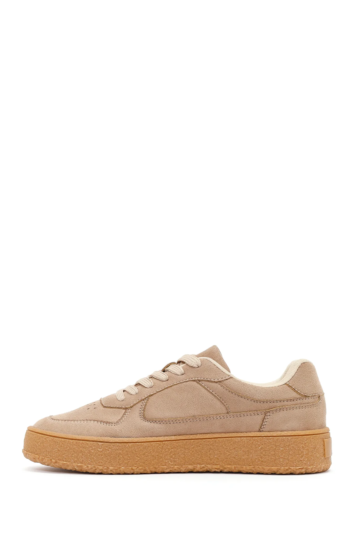 Kadın Bej Bağcıklı Kalın Tabanlı Süet Sneaker - Image 4