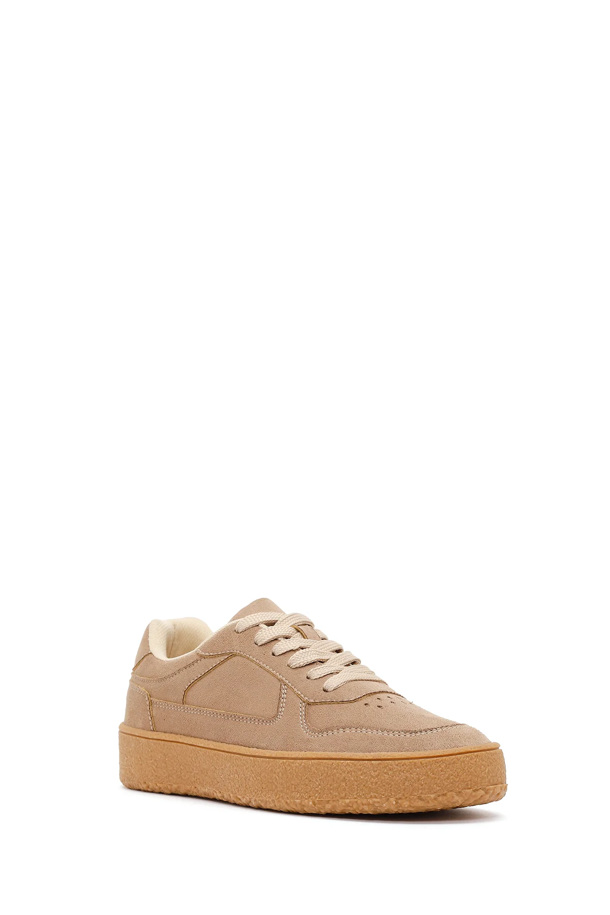 Kadın Bej Bağcıklı Kalın Tabanlı Süet Sneaker - Image 8