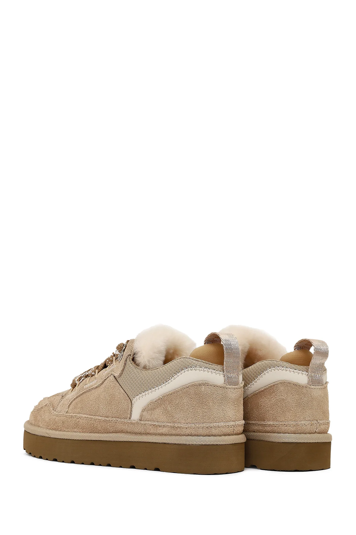 Kadın Bej Bağcıklı Kalın Tabanlı Tüylü Süet Deri Teddy Sneaker - Image 7
