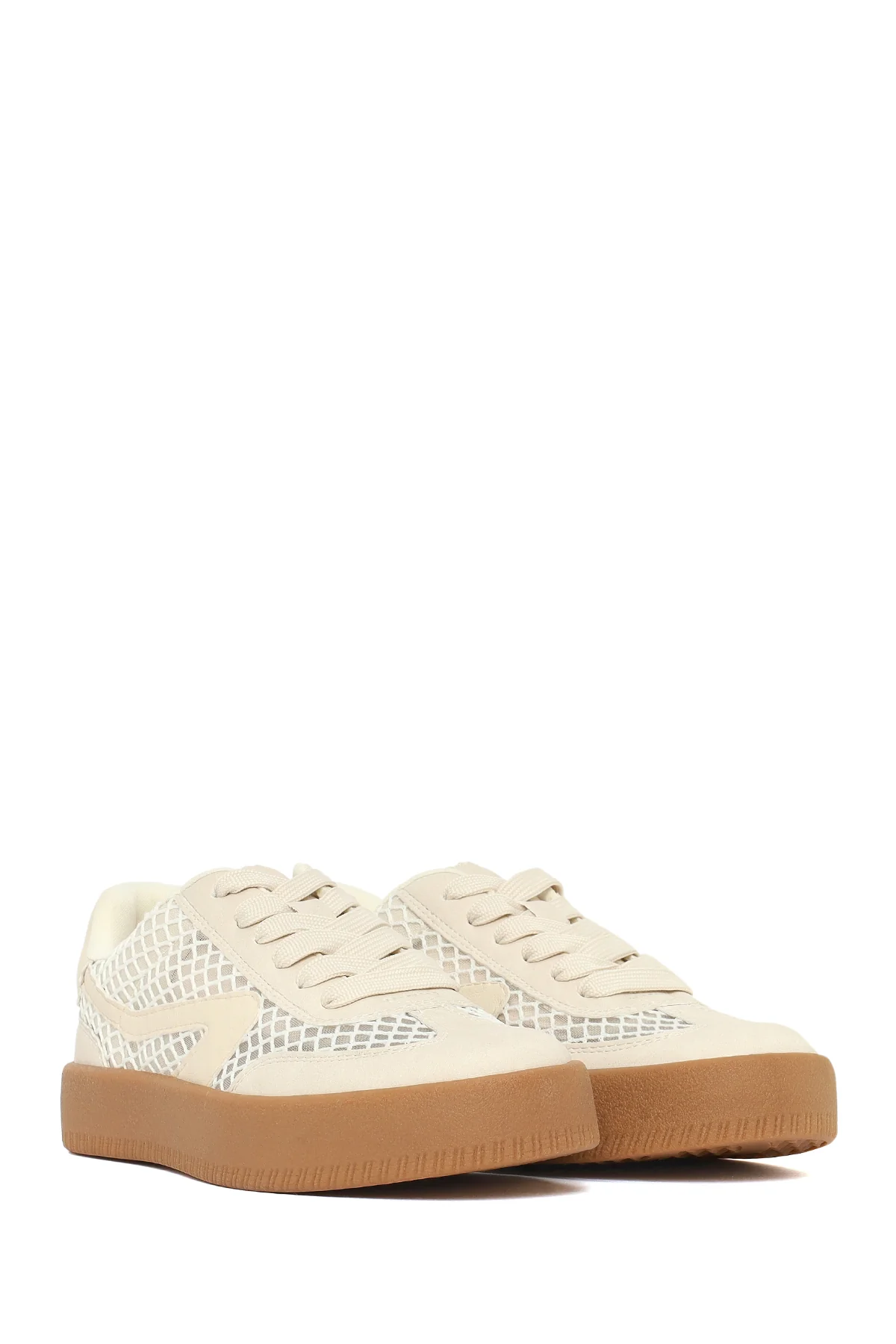 Kadın Bej Bağcıklı Kumaş Sneaker - Image 3