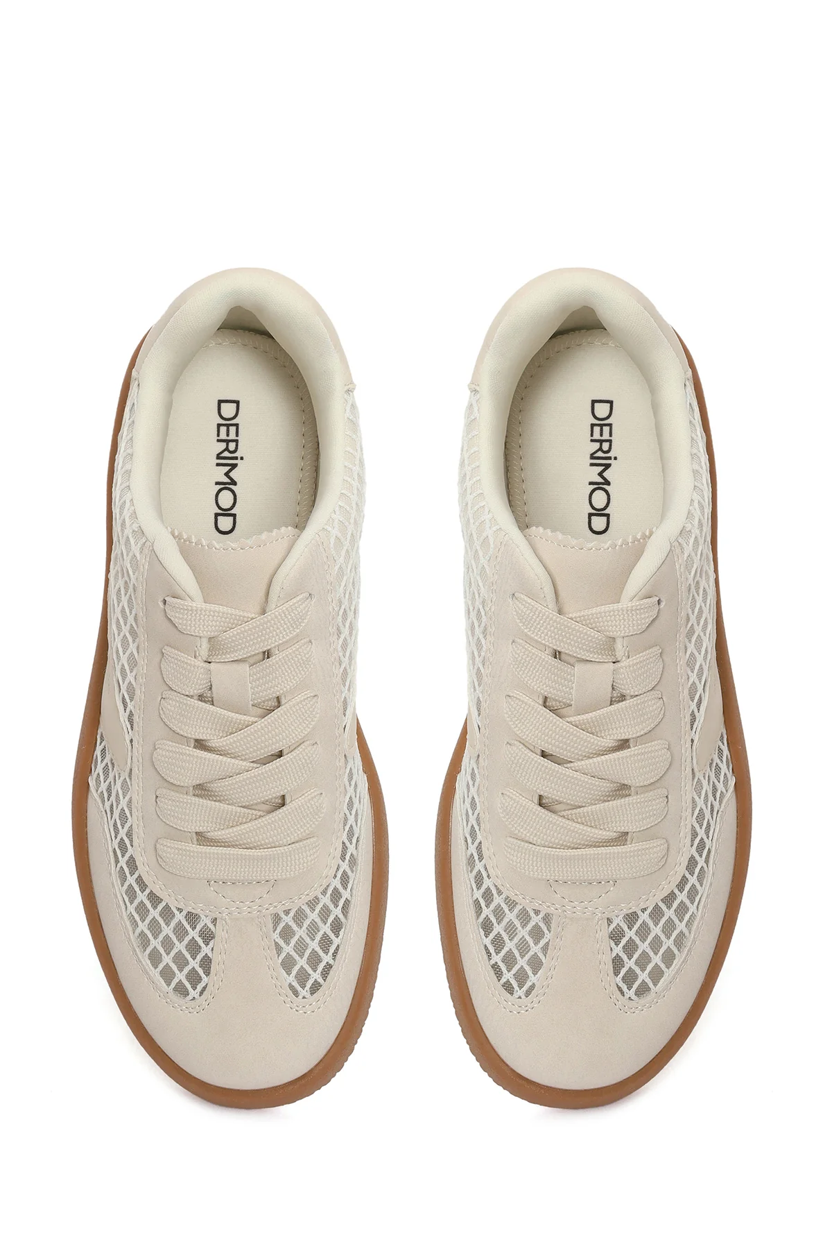 Kadın Bej Bağcıklı Kumaş Sneaker - Image 5