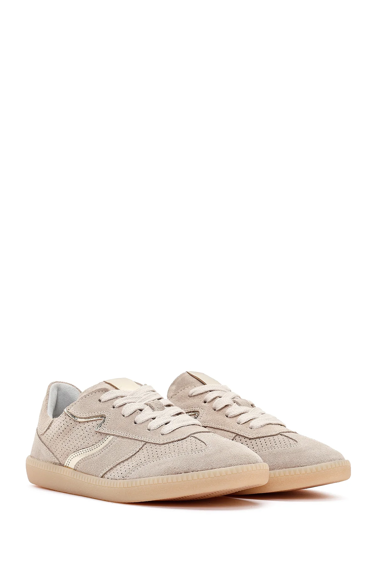 Kadın Bej Bağcıklı Süet Deri Sneaker - Image 2