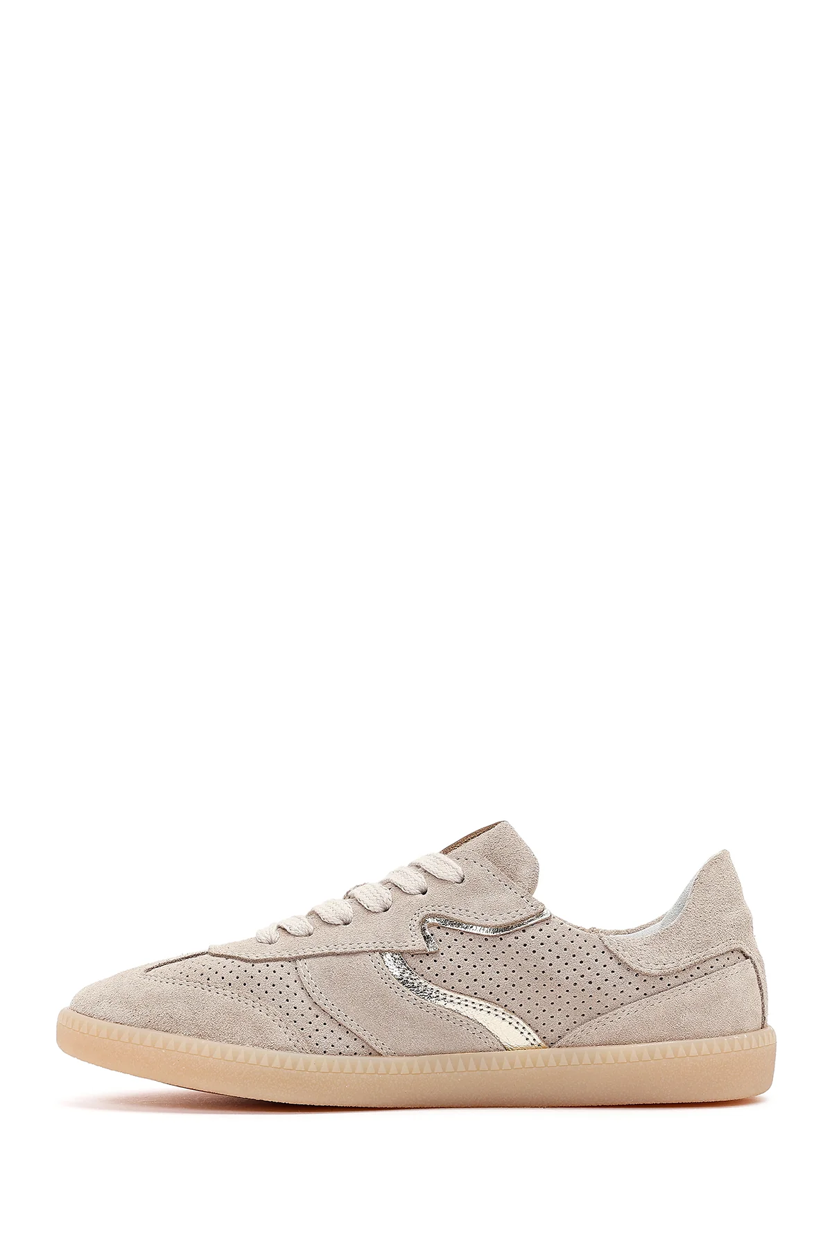 Kadın Bej Bağcıklı Süet Deri Sneaker - Image 3