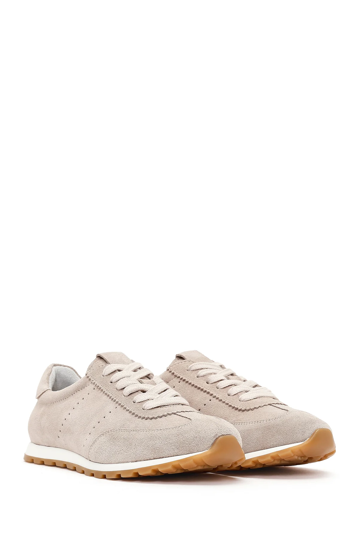 Kadın Bej Bağcıklı Süet Deri Sneaker - Image 2