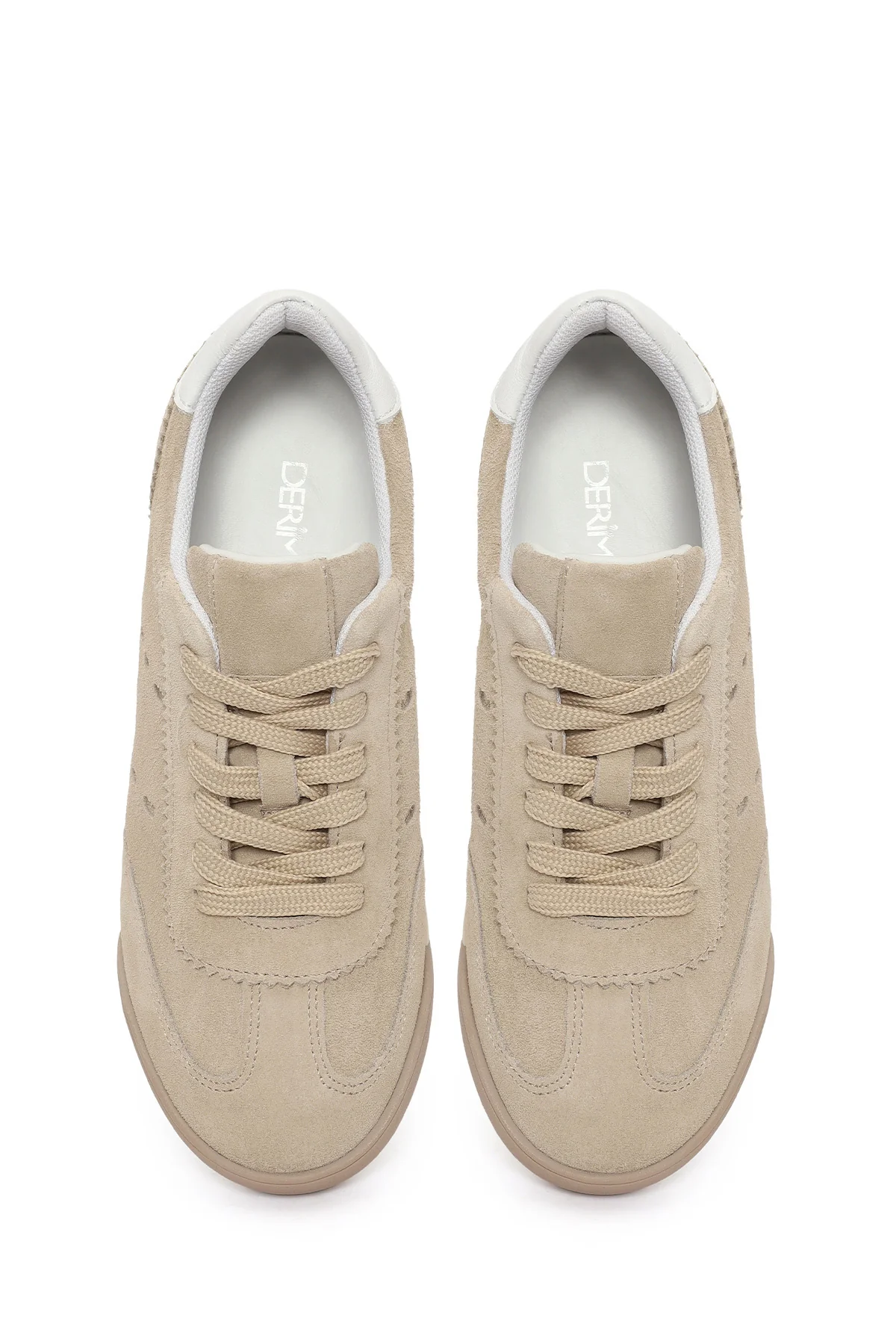 Kadın Bej Bağcıklı Süet Deri Sneaker - Image 4