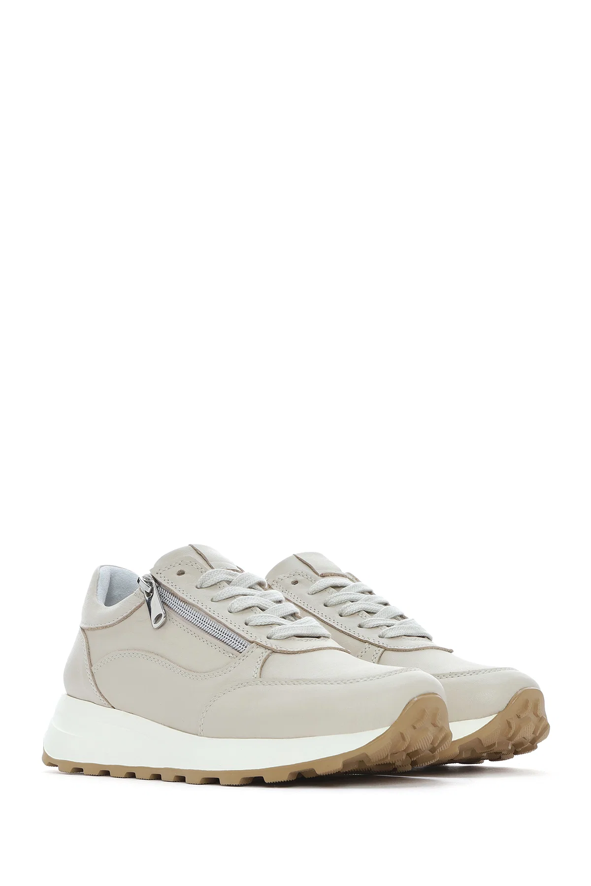 Kadın Bej Bağcıklı Yandan Fermuarlı Deri Sneaker - Image 3