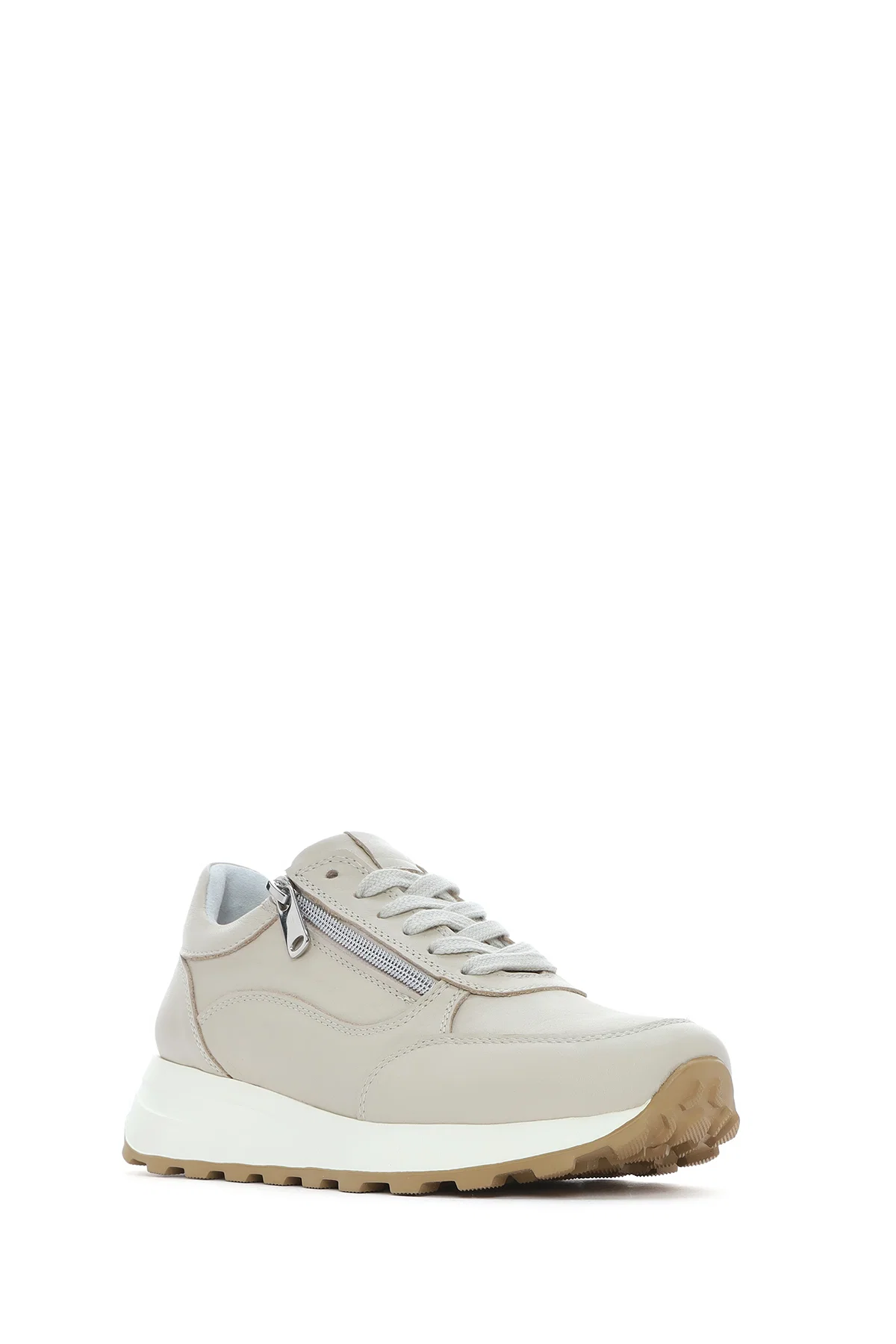 Kadın Bej Bağcıklı Yandan Fermuarlı Deri Sneaker - Image 6