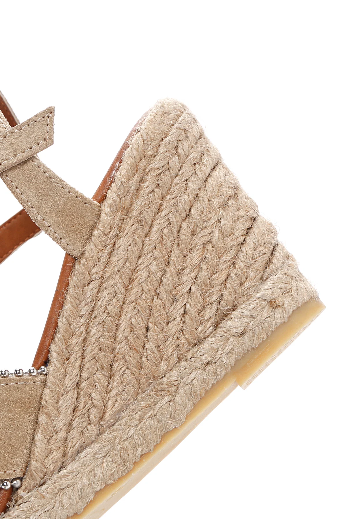 Kadın Bej Bilekten Bantlı Dolgu Topuklu Süet Deri Espadril Sandalet - Image 11