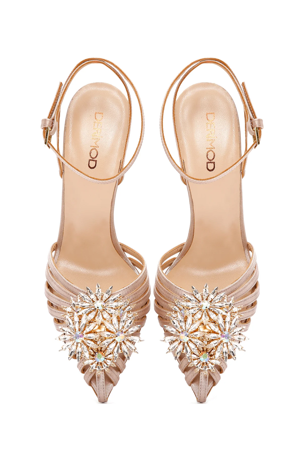 Kadın Bej Bilekten Bantlı Taşlı İnce Topuklu Deri Stiletto - Image 7
