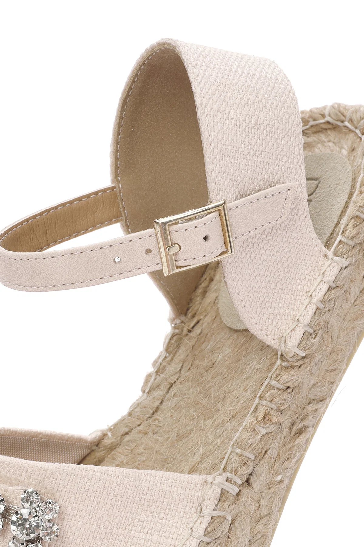 Kadın Bej Bilekten Tokalı Jean Kumaş Taşlı Espadril Sandalet - Image 8