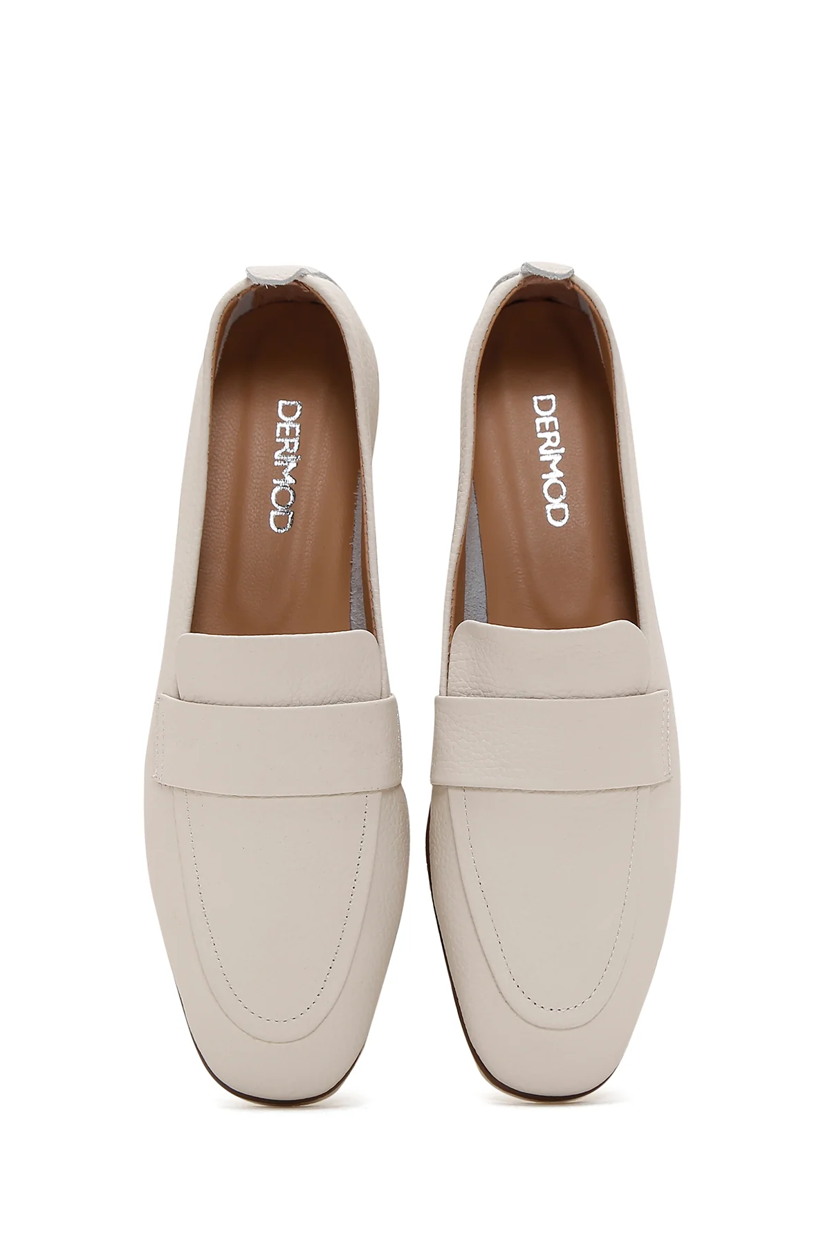 Kadın Bej Deri Maskülen Loafer - Image 6