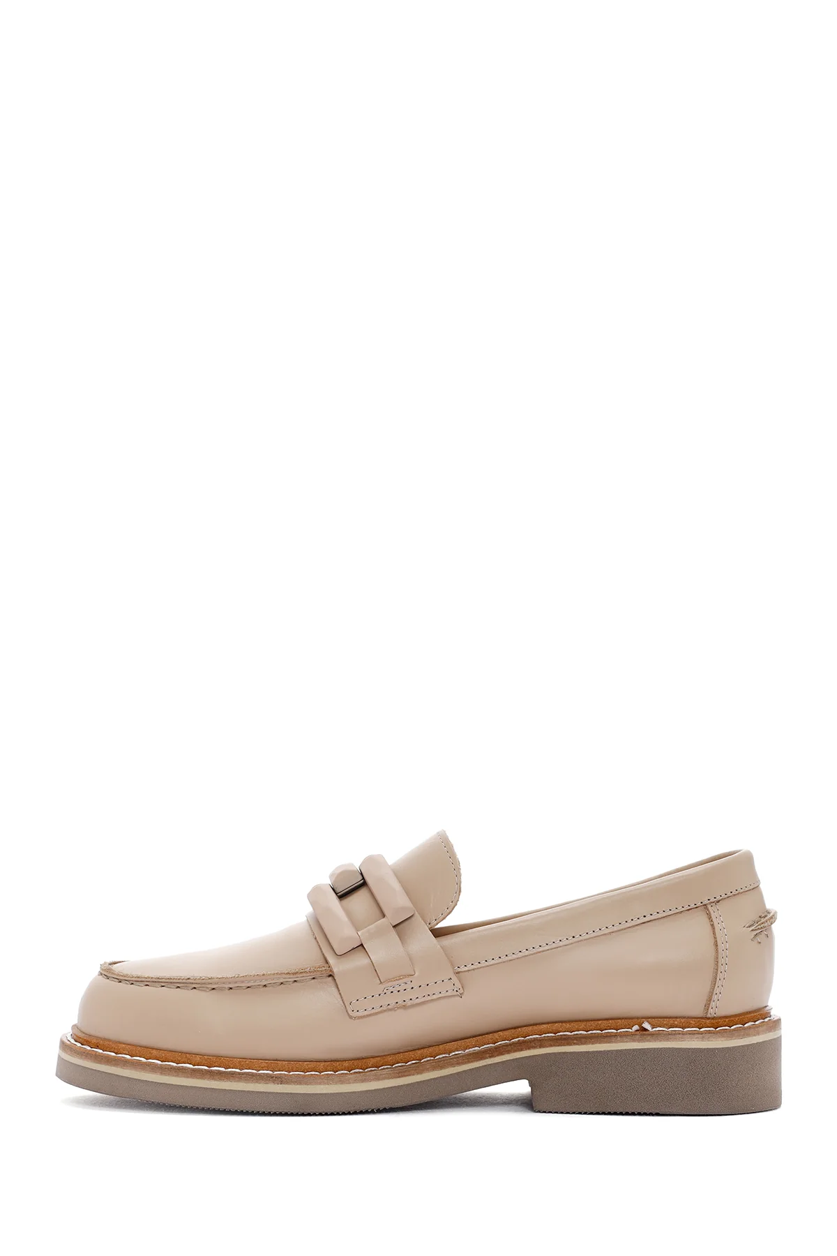 Kadın Bej Deri Maskülen Loafer - Image 2