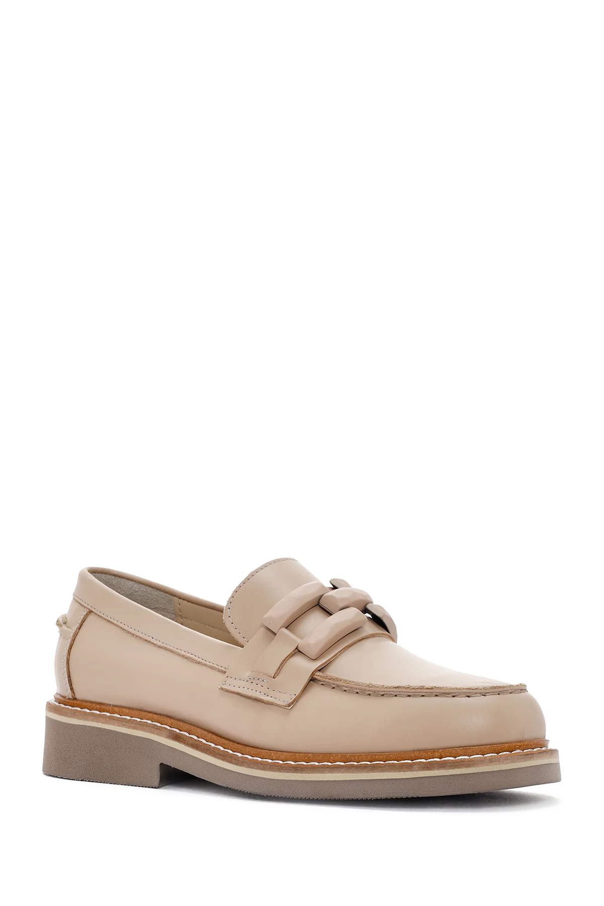 Kadın Bej Deri Maskülen Loafer - Image 6