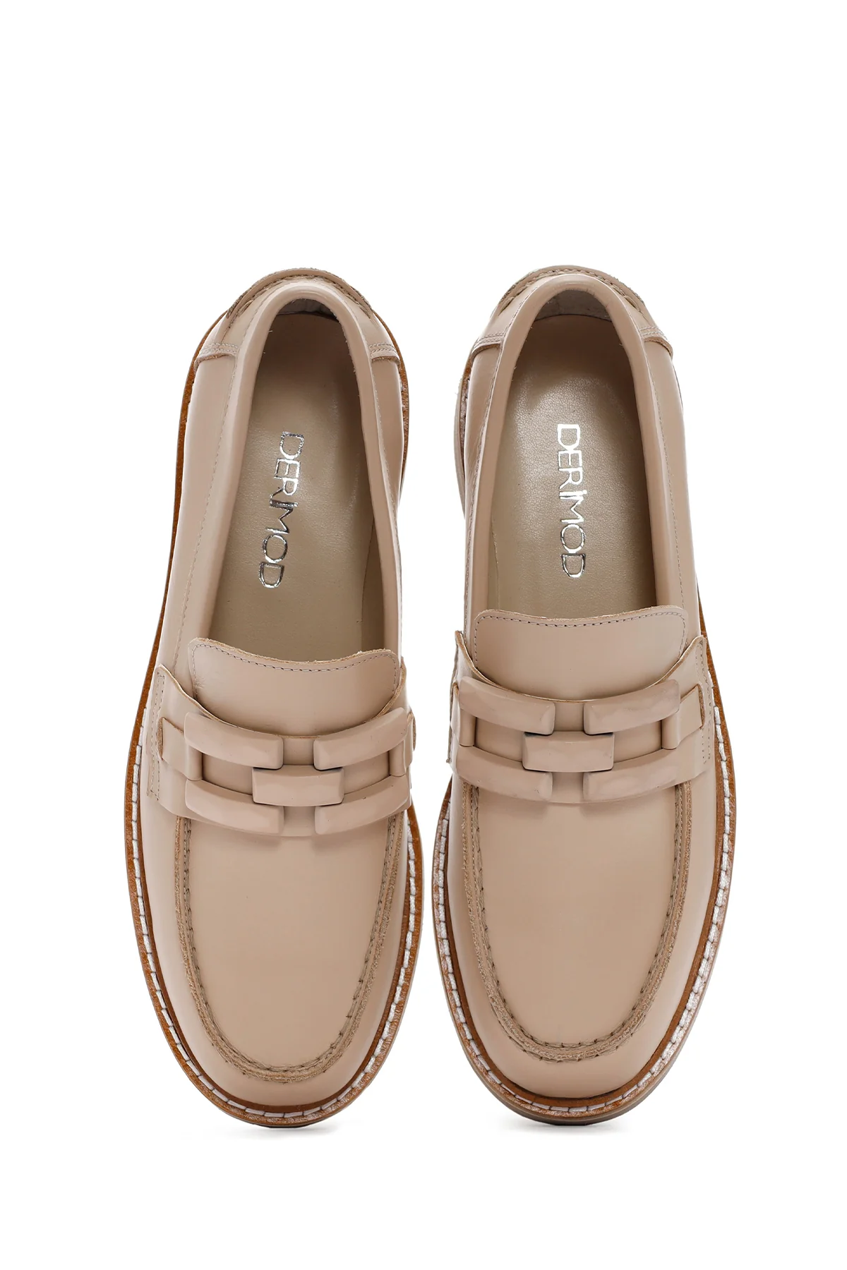 Kadın Bej Deri Maskülen Loafer - Image 7
