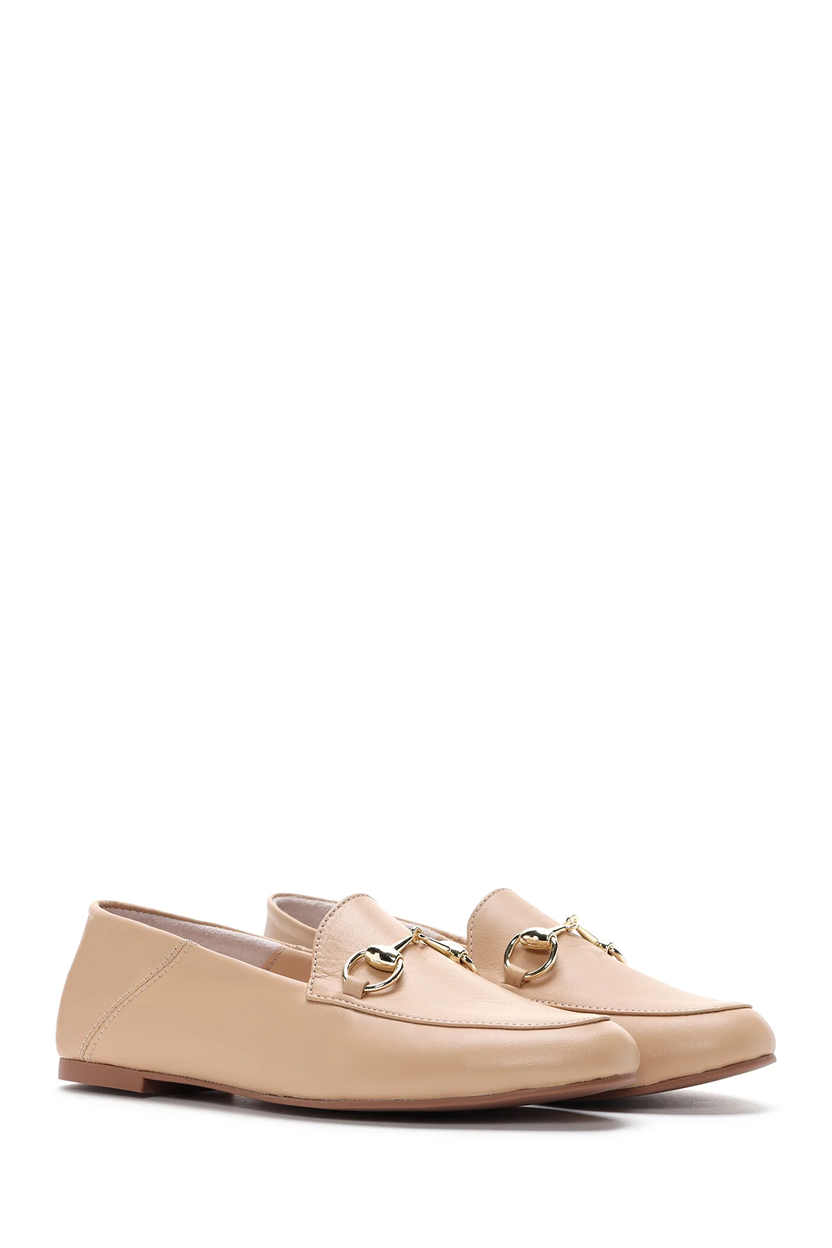 Kadın Bej Deri Maskülen Loafer - Image 3