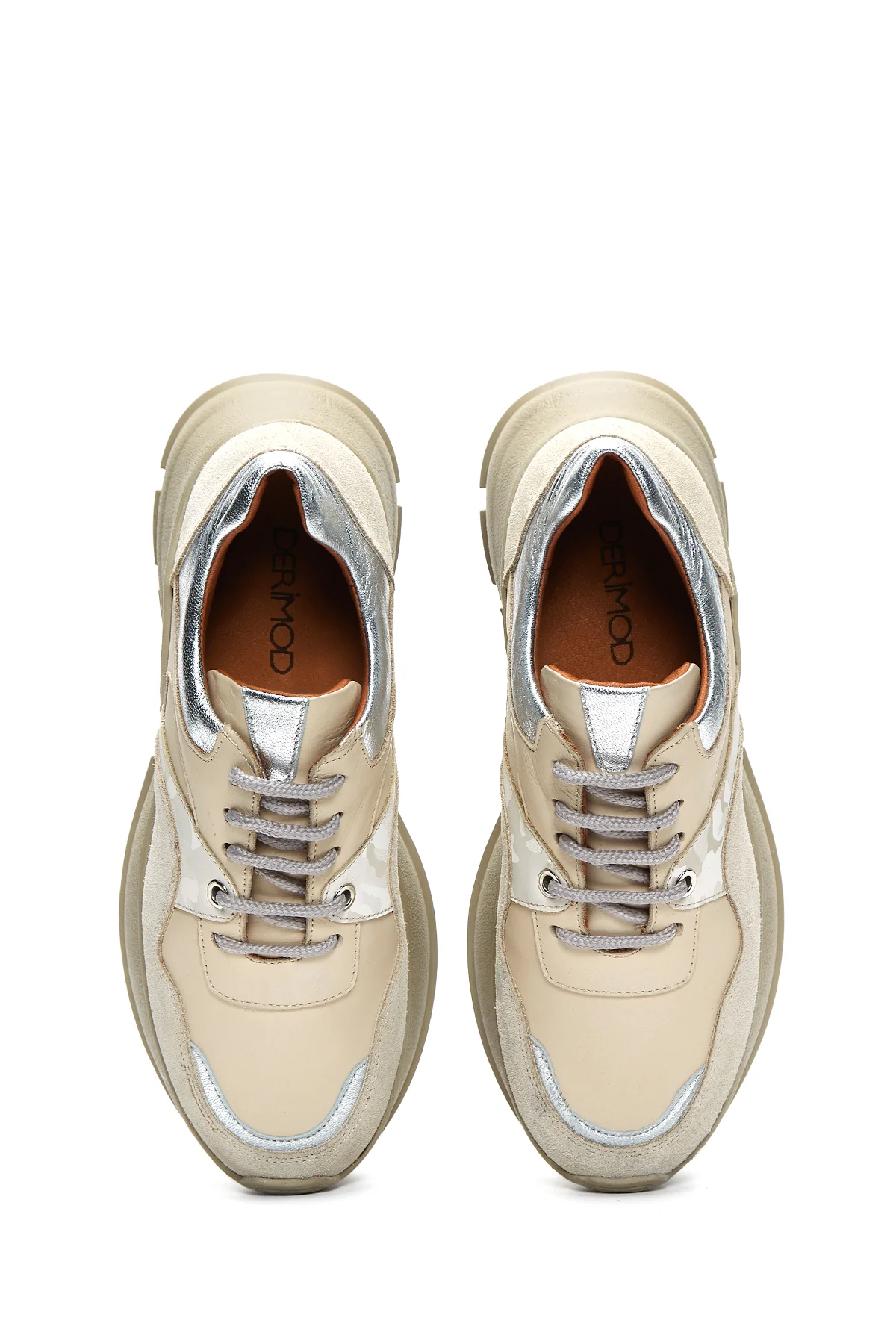 Kadın Bej Deri Süet Detaylı Kalın Tabanlı Sneaker - Image 6