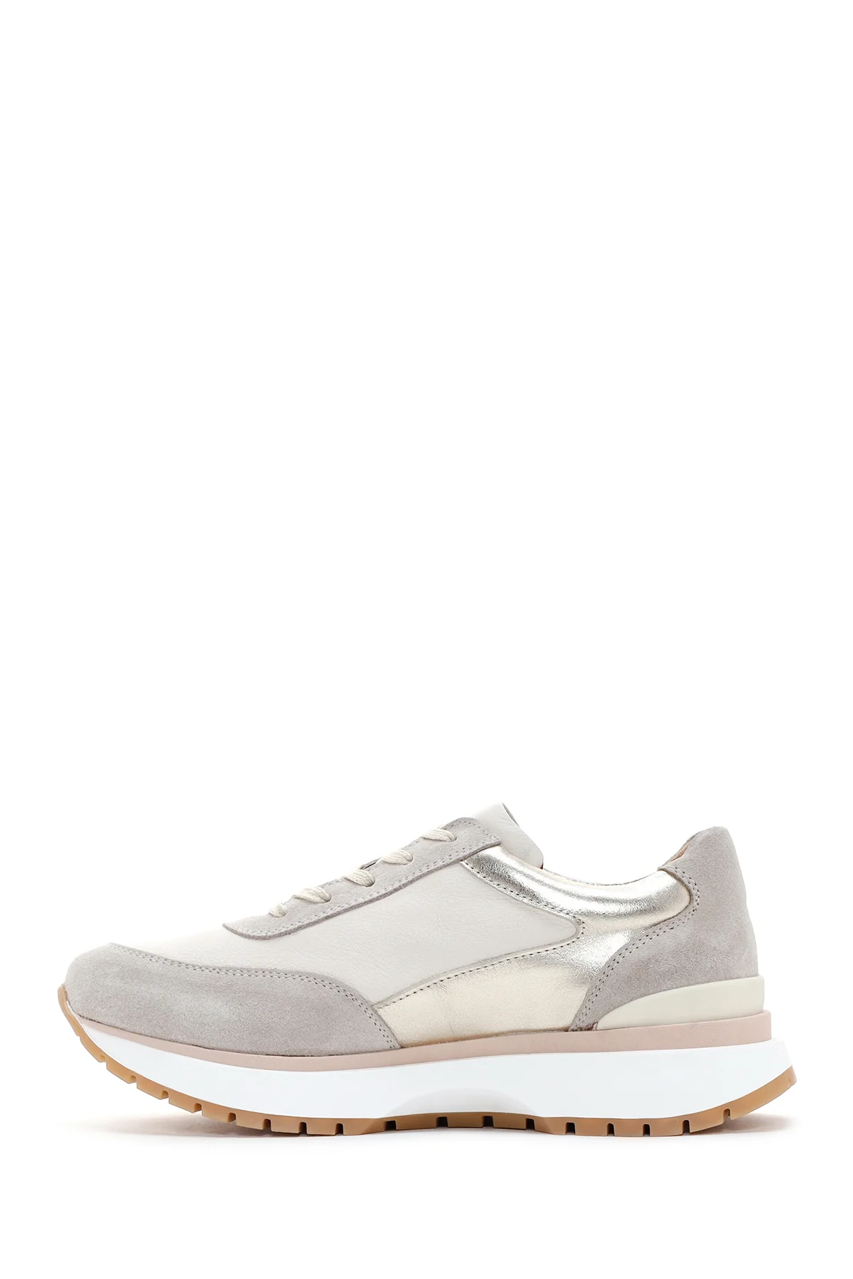 Kadın Bej Deri Süet Detaylı Sneaker - Image 3