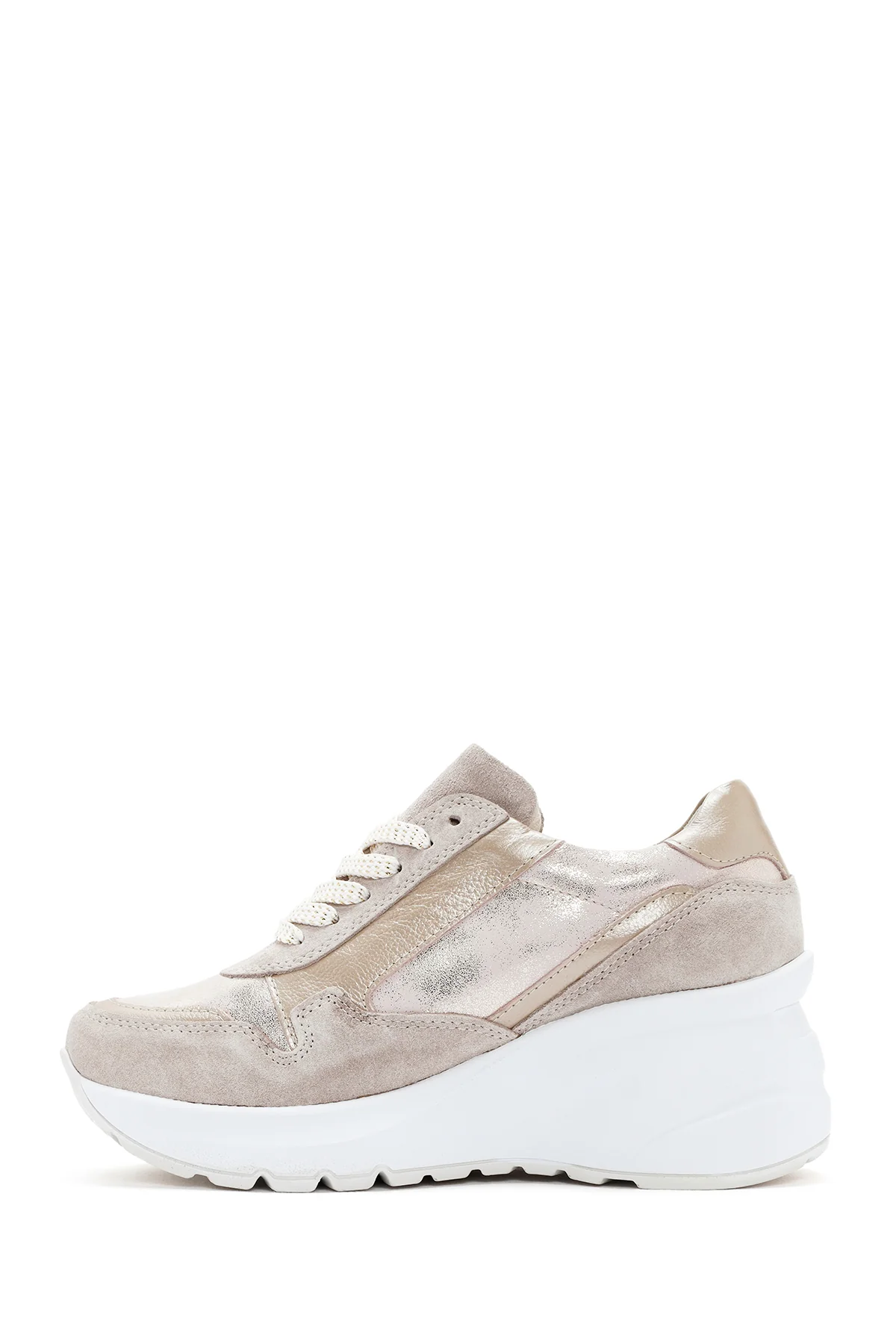 Kadın Bej Dolgu Topuklu Bağcıklı Deri Sneaker - Image 2
