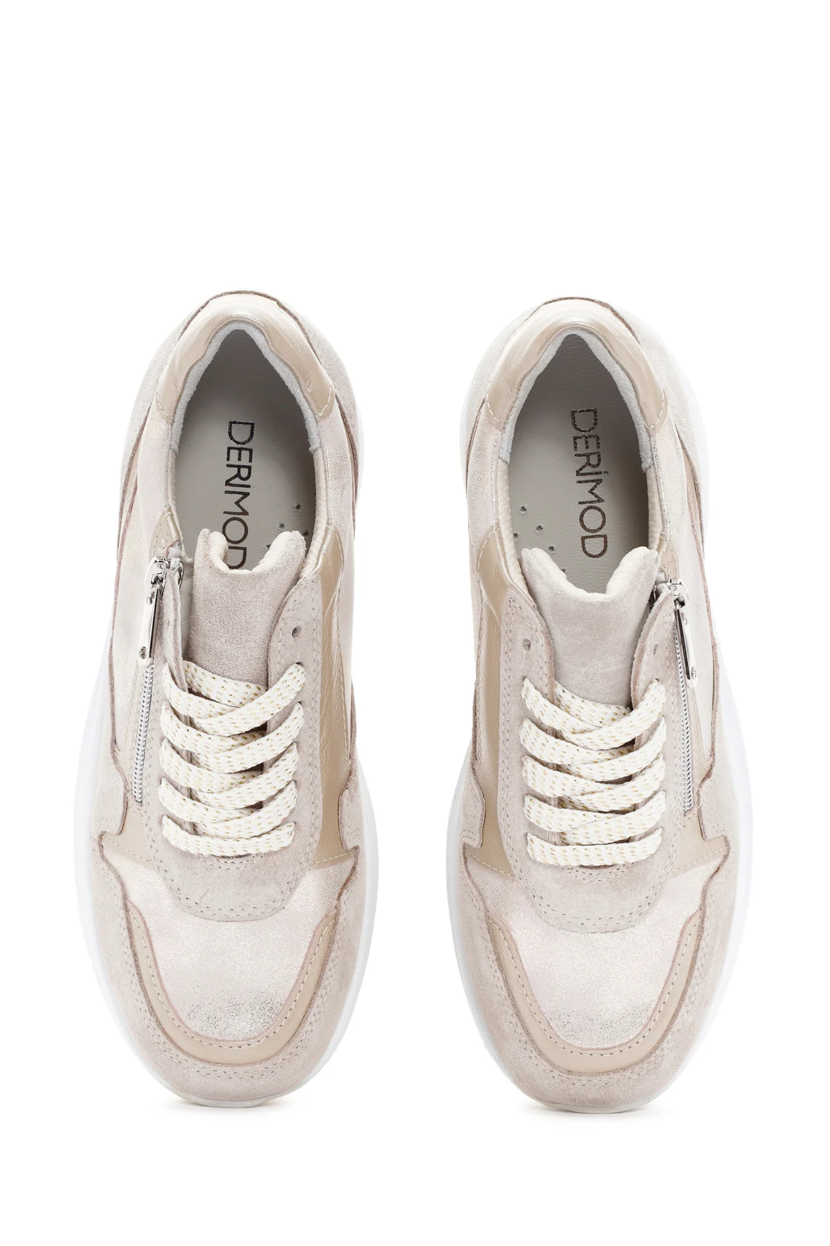 Kadın Bej Dolgu Topuklu Bağcıklı Deri Sneaker - Image 7