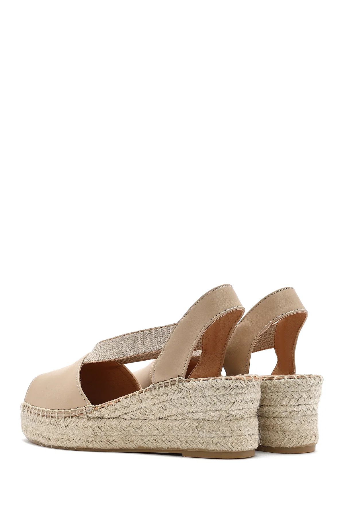Kadın Bej Dolgu Topuklu Deri Espadril Sandalet - Image 6