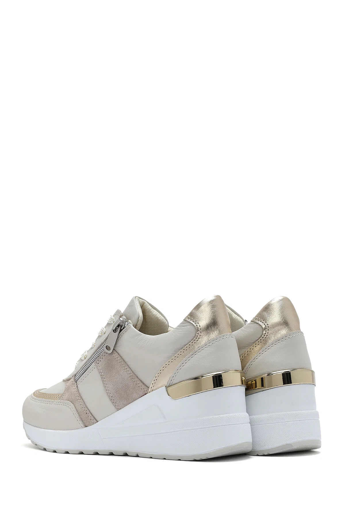Kadın Bej Dolgu Topuklu Yandan Fermuarlı Deri Sneaker - Image 5