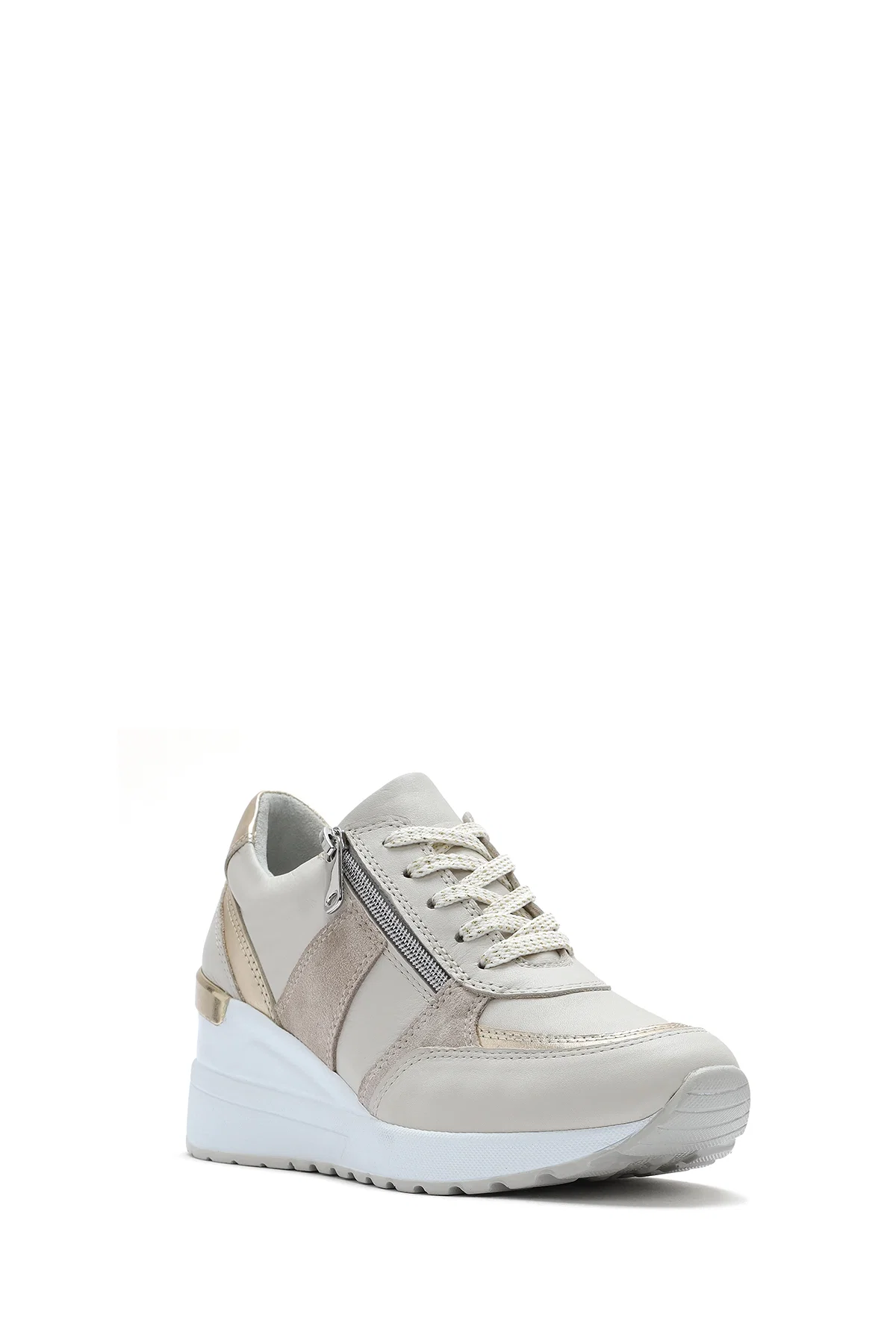 Kadın Bej Dolgu Topuklu Yandan Fermuarlı Deri Sneaker - Image 6